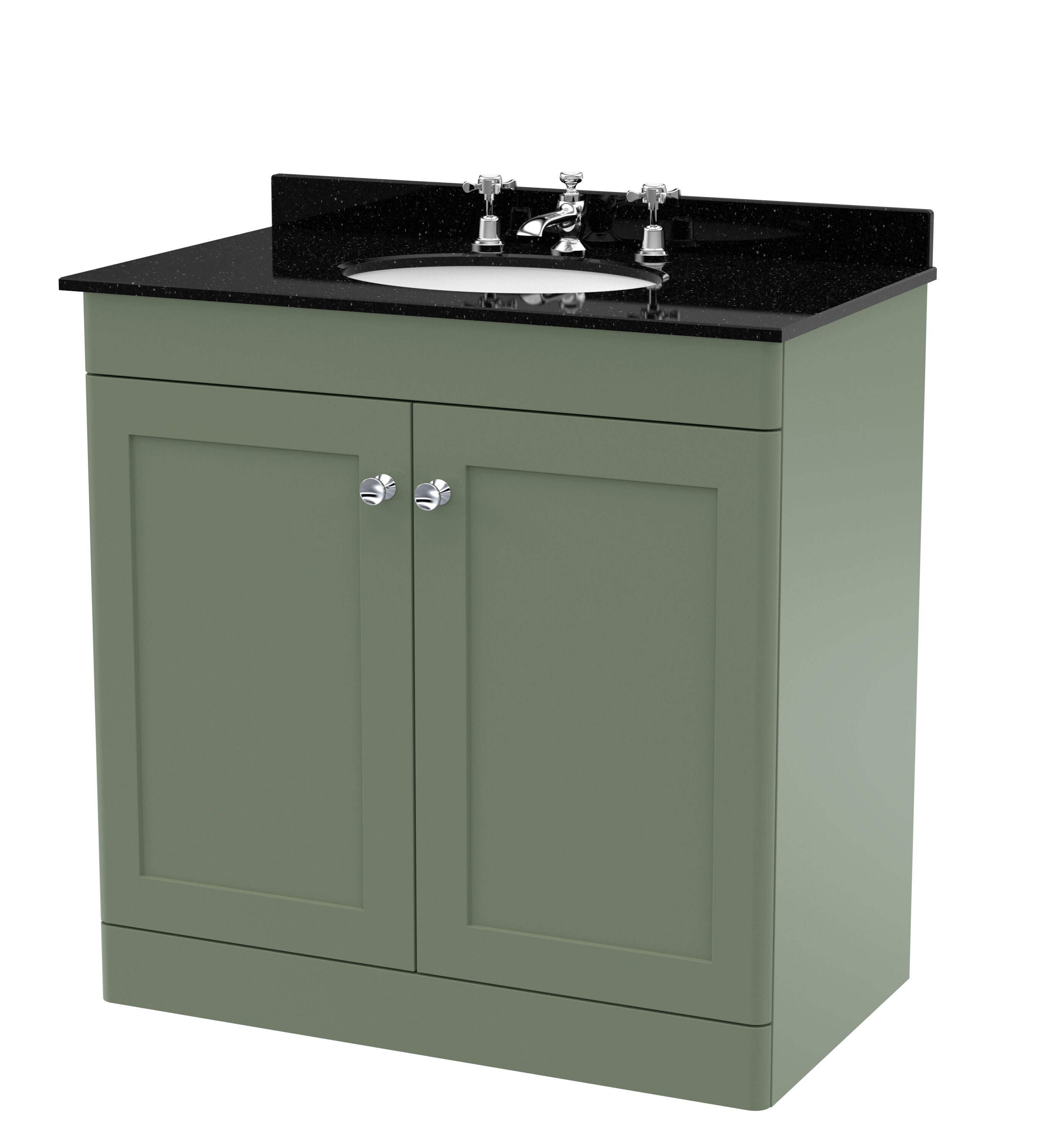 nuie Classique 800mm Satin Green 2 Door Floor Standing Vanity Unit With 3 Tap Hole Marble Basin