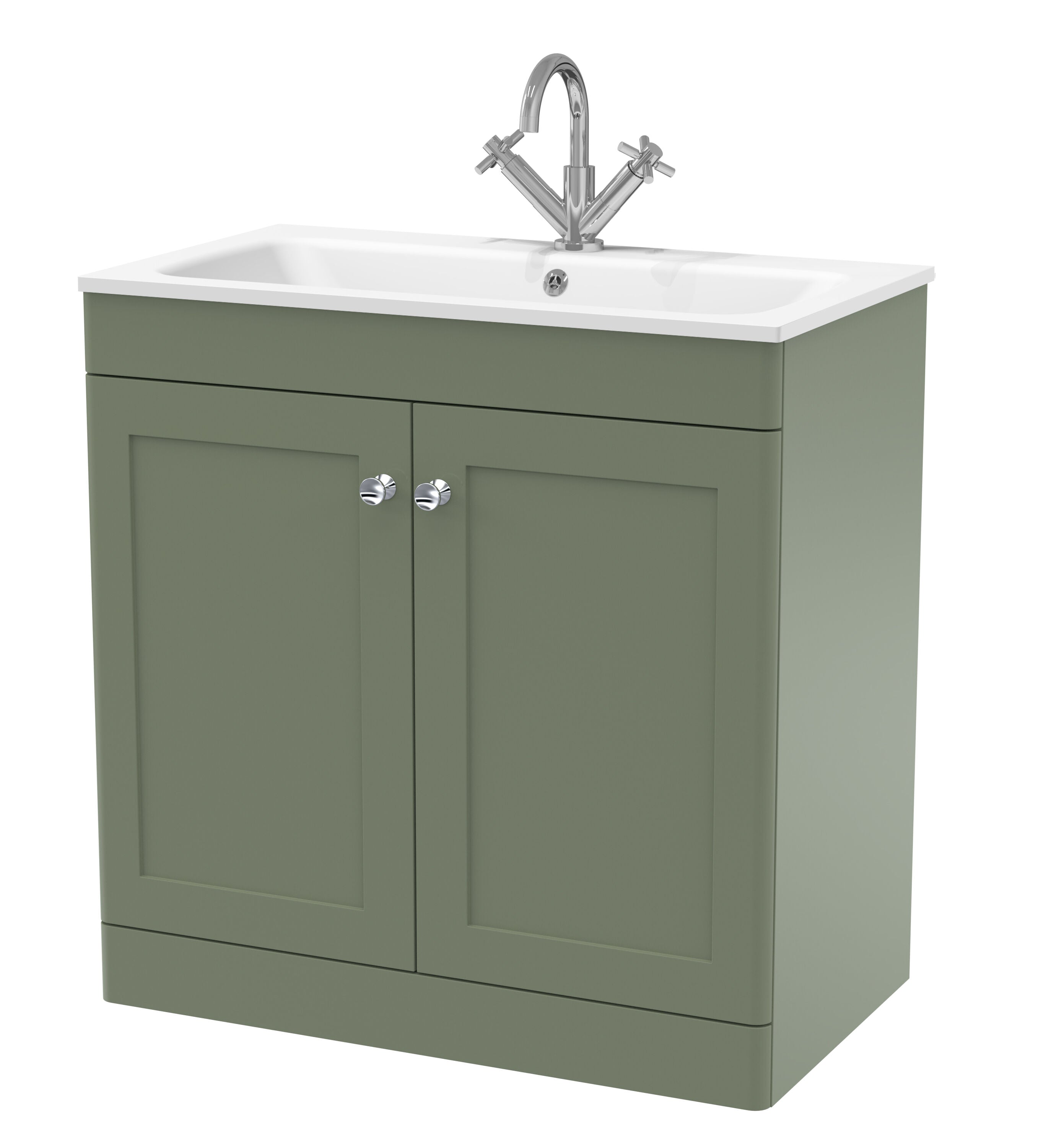 nuie Classique 800mm Satin Green 2 Door Floor Standing Vanity Unit With 1 Tap Hole Stone Basin
