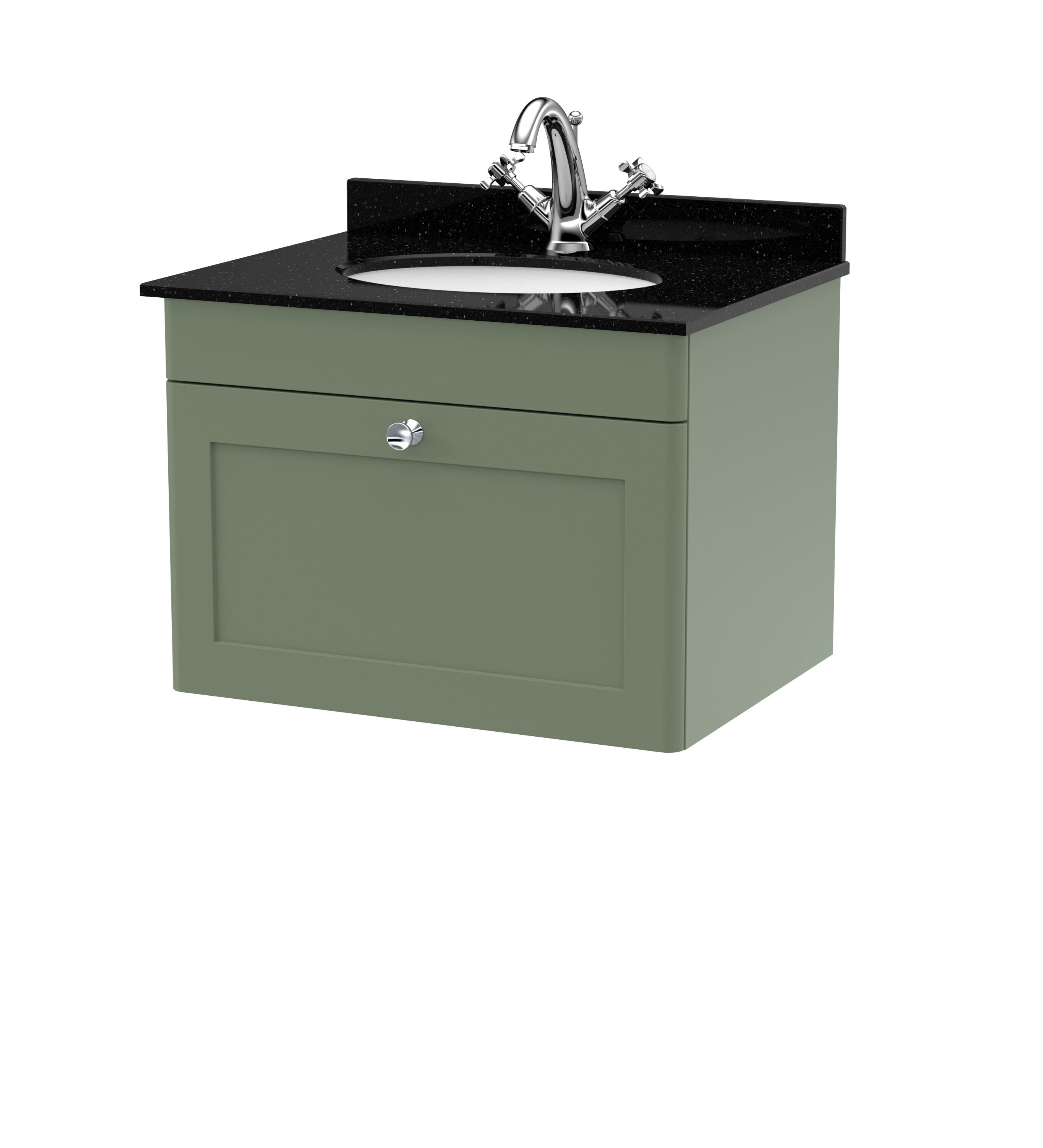 nuie Classique 600mm Satin Green 1 Drawer Wall Hung Vanity Unit With 1 Tap Hole Marble Basin