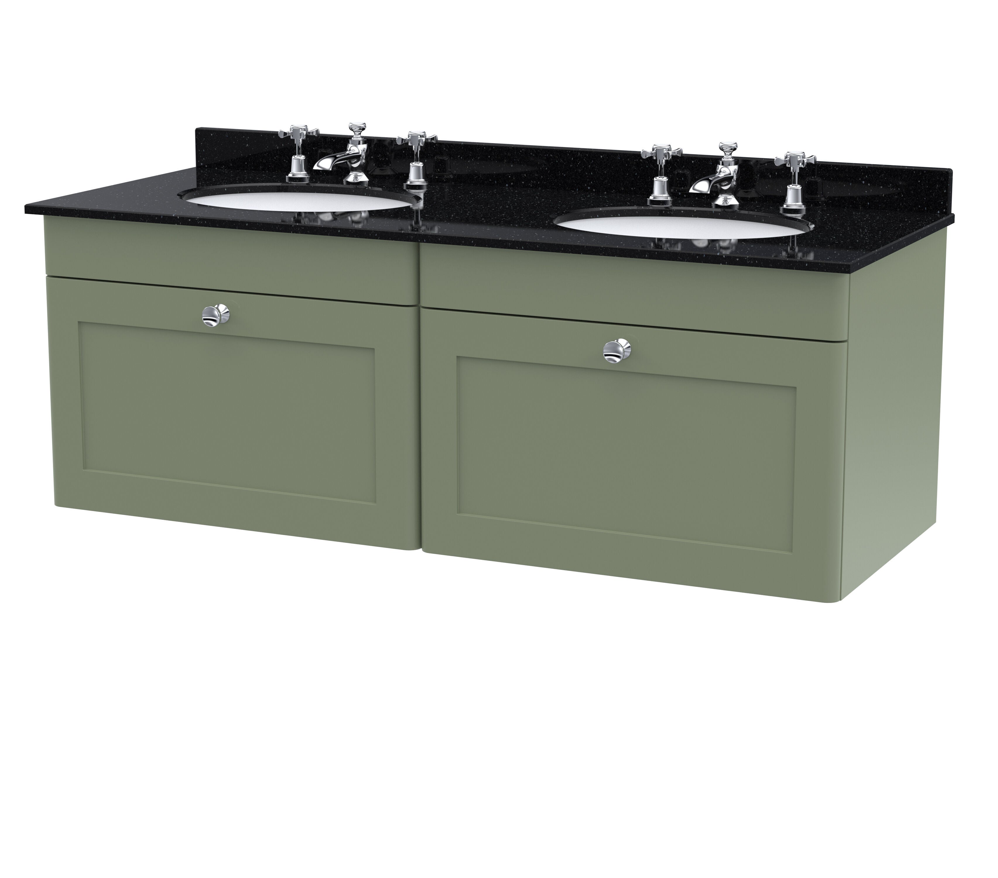 nuie Classique 1200mm Satin Green 2 Drawer Wall Hung Vanity Unit With 6 Tap Hole Marble Basin