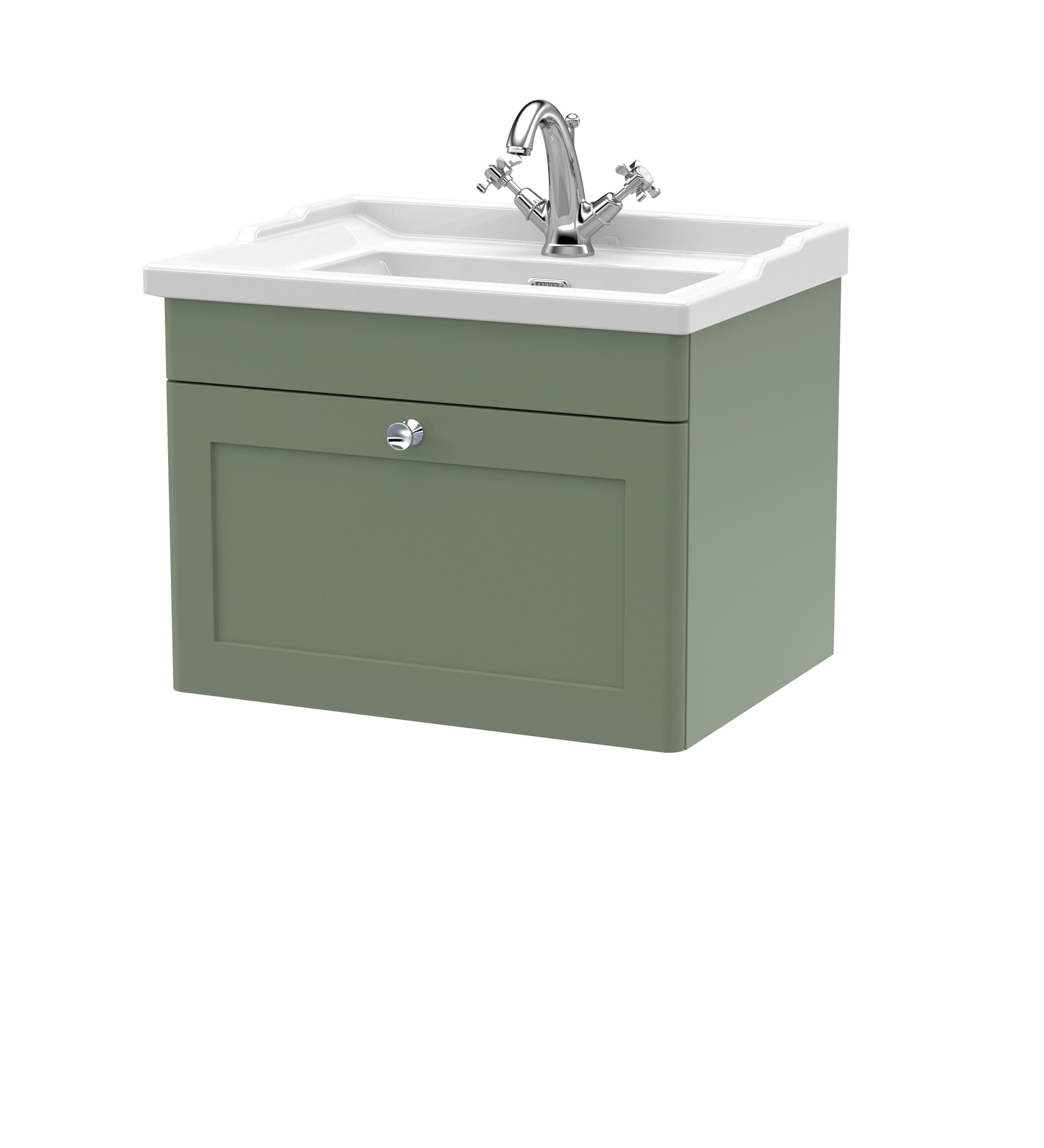 nuie Classique 600mm Satin Green 1 Drawer Wall Hung Vanity Unit With 1 Tap Hole Basin