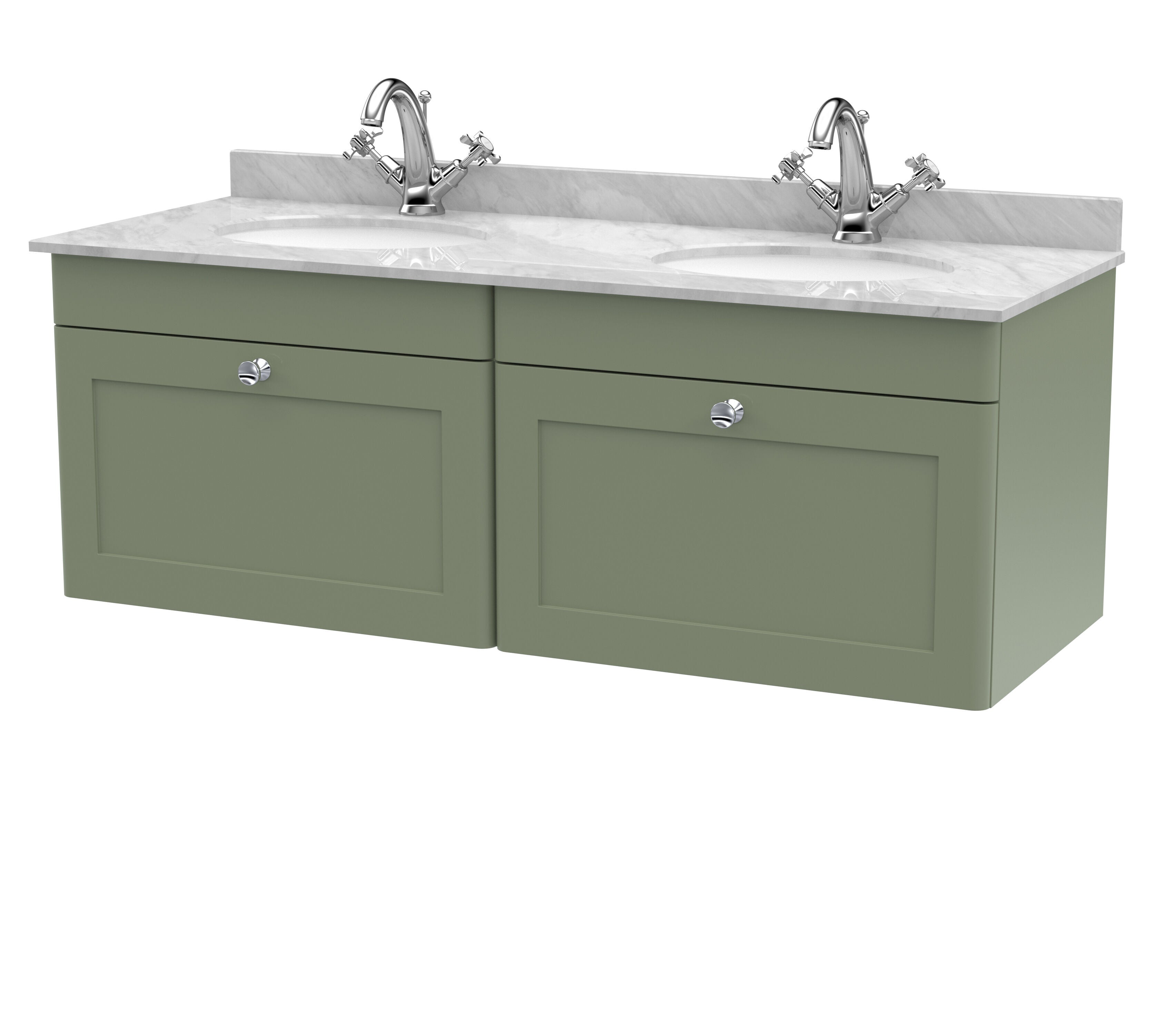 nuie Classique 1200mm Satin Green 2 Drawer Wall Hung Vanity Unit With 2 Tap Hole Marble Basin