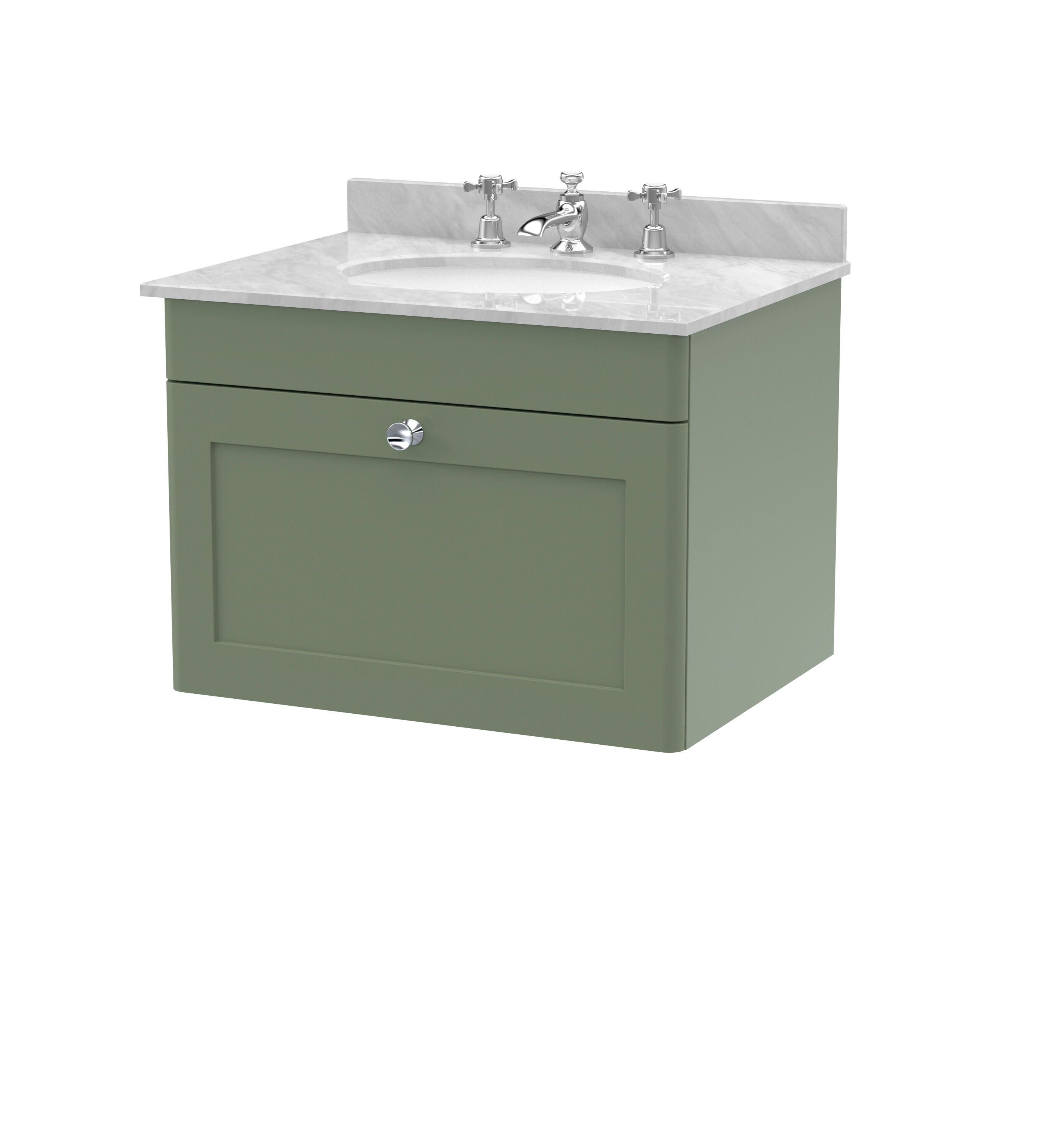 nuie Classique 600mm Satin Green 1 Drawer Wall Hung Vanity Unit With 3 Tap Hole Marble Basin