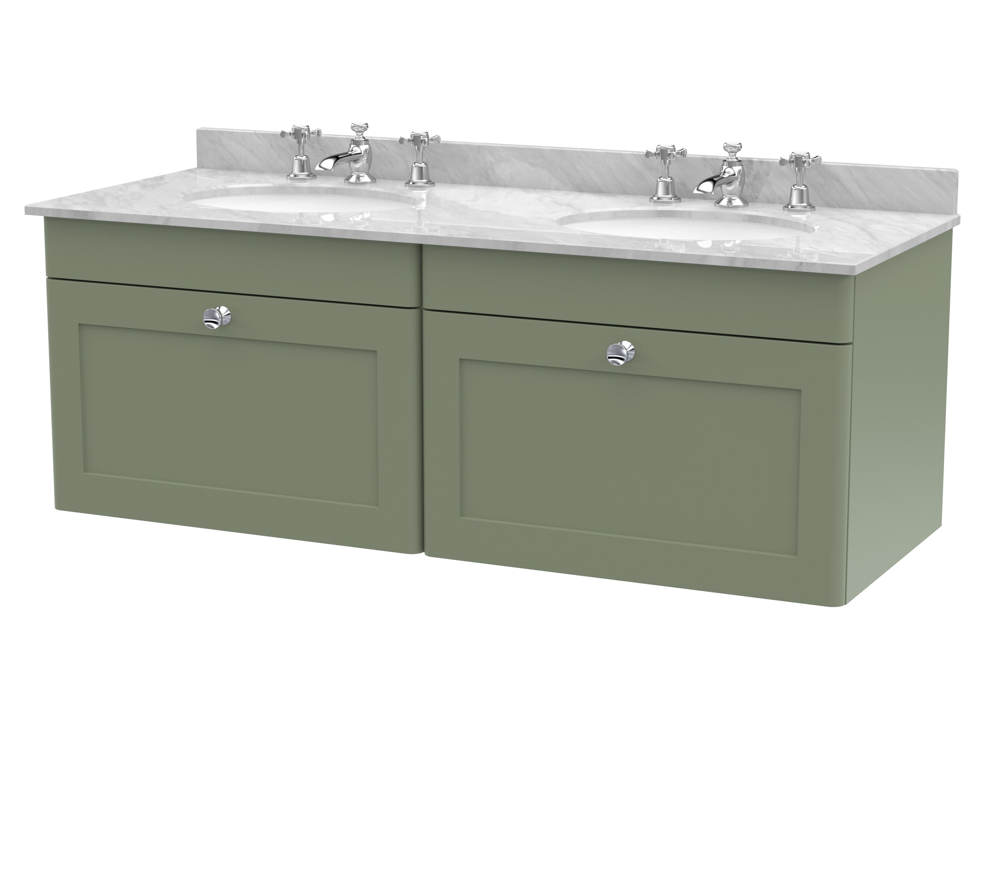 nuie Classique 1200mm Satin Green 2 Drawer Wall Hung Vanity Unit With 6 Tap Hole Marble Basin