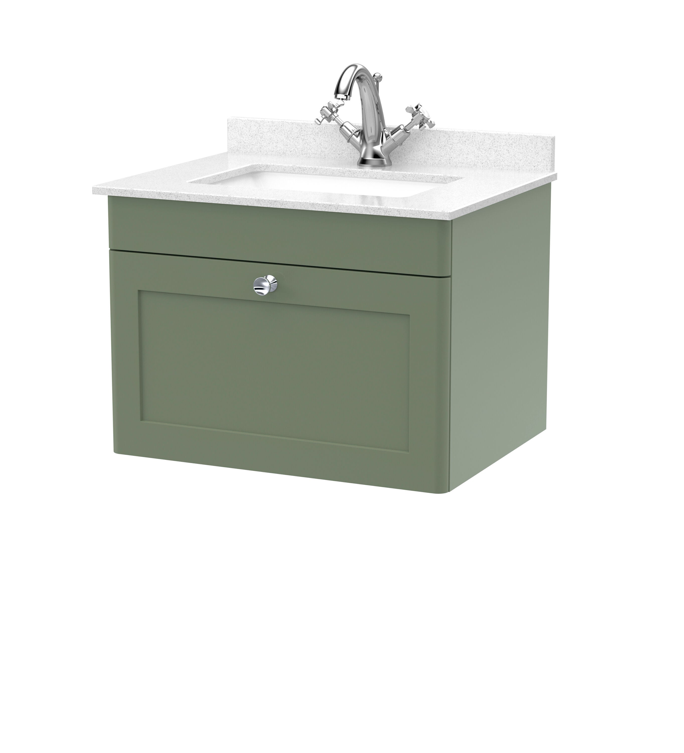 nuie Classique 600mm Satin Green 1 Drawer Wall Hung Vanity Unit With 1 Tap Hole Marble Basin