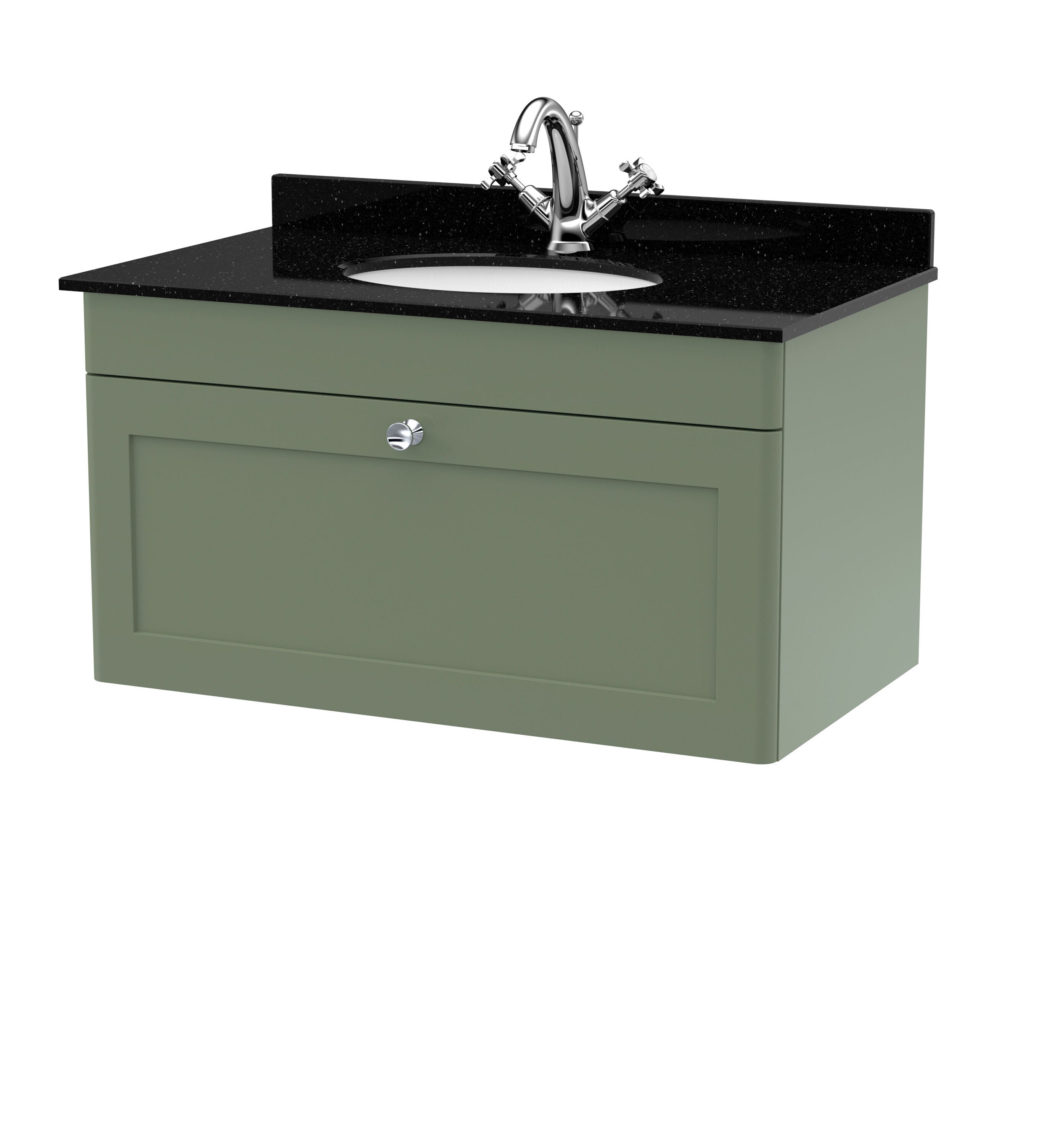 nuie Classique 800mm Satin Green 1 Drawer Wall Hung Vanity Unit With 1 Tap Hole Marble Basin