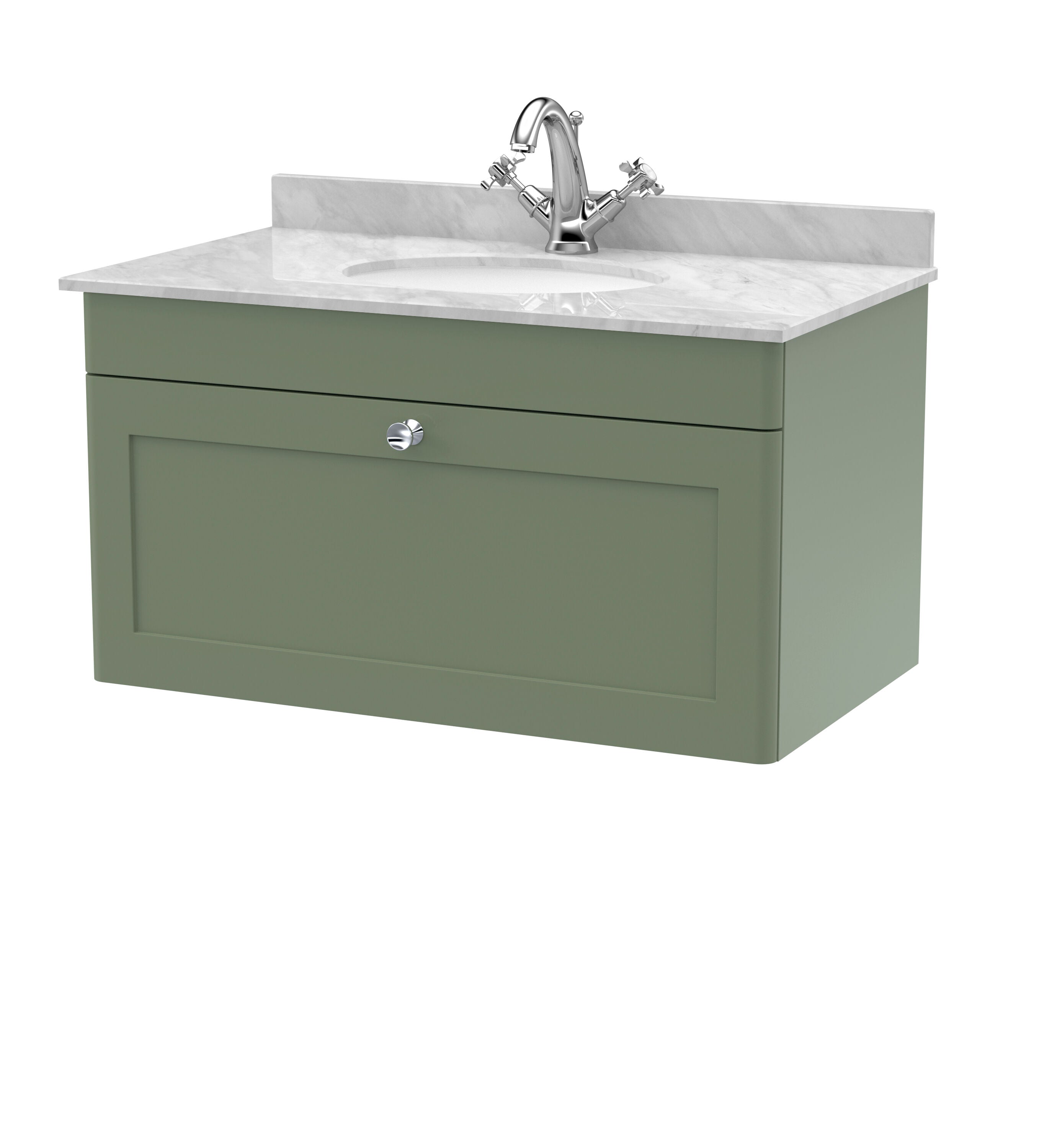 nuie Classique 800mm Satin Green 1 Drawer Wall Hung Vanity Unit With 1 Tap Hole Marble Basin