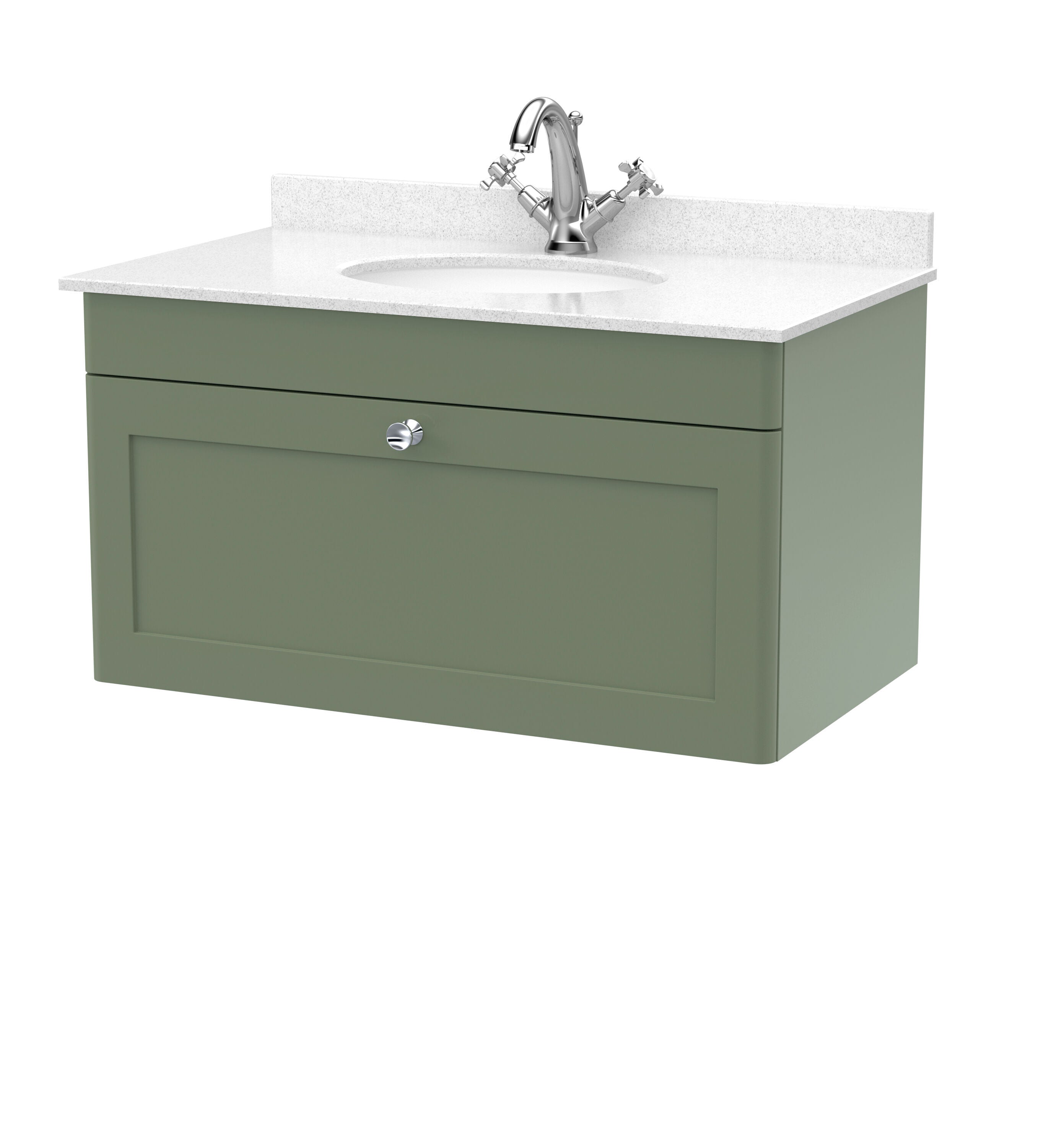 nuie Classique 800mm Satin Green 1 Drawer Wall Hung Vanity Unit With 1 Tap Hole Marble Basin