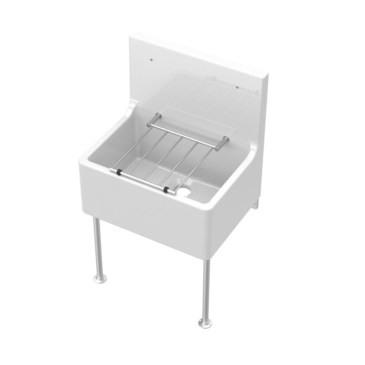 Nuie 595mm x 450mm x 220mm Fireclay Single Bowl Traditional Cleaner Sink With Grid, Legs, Wall Bracket And Backsplash