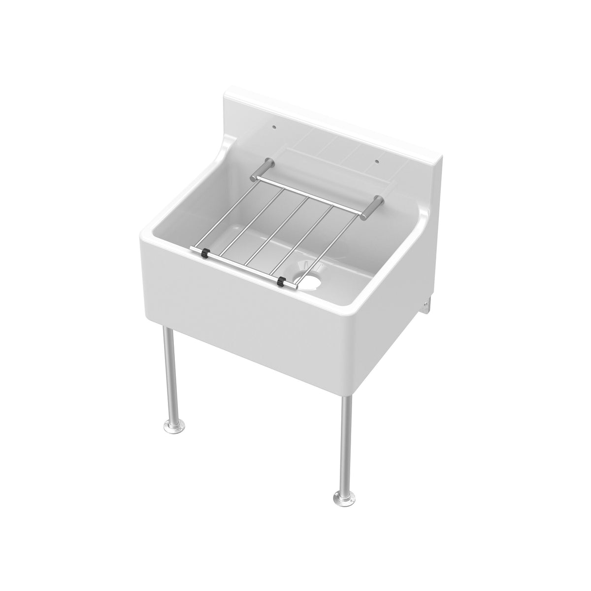 Nuie 515mm x 382mm x 393mm Fireclay Single Bowl Traditional Cleaner Sink With Grid, Legs, Wall Bracket And Backsplash