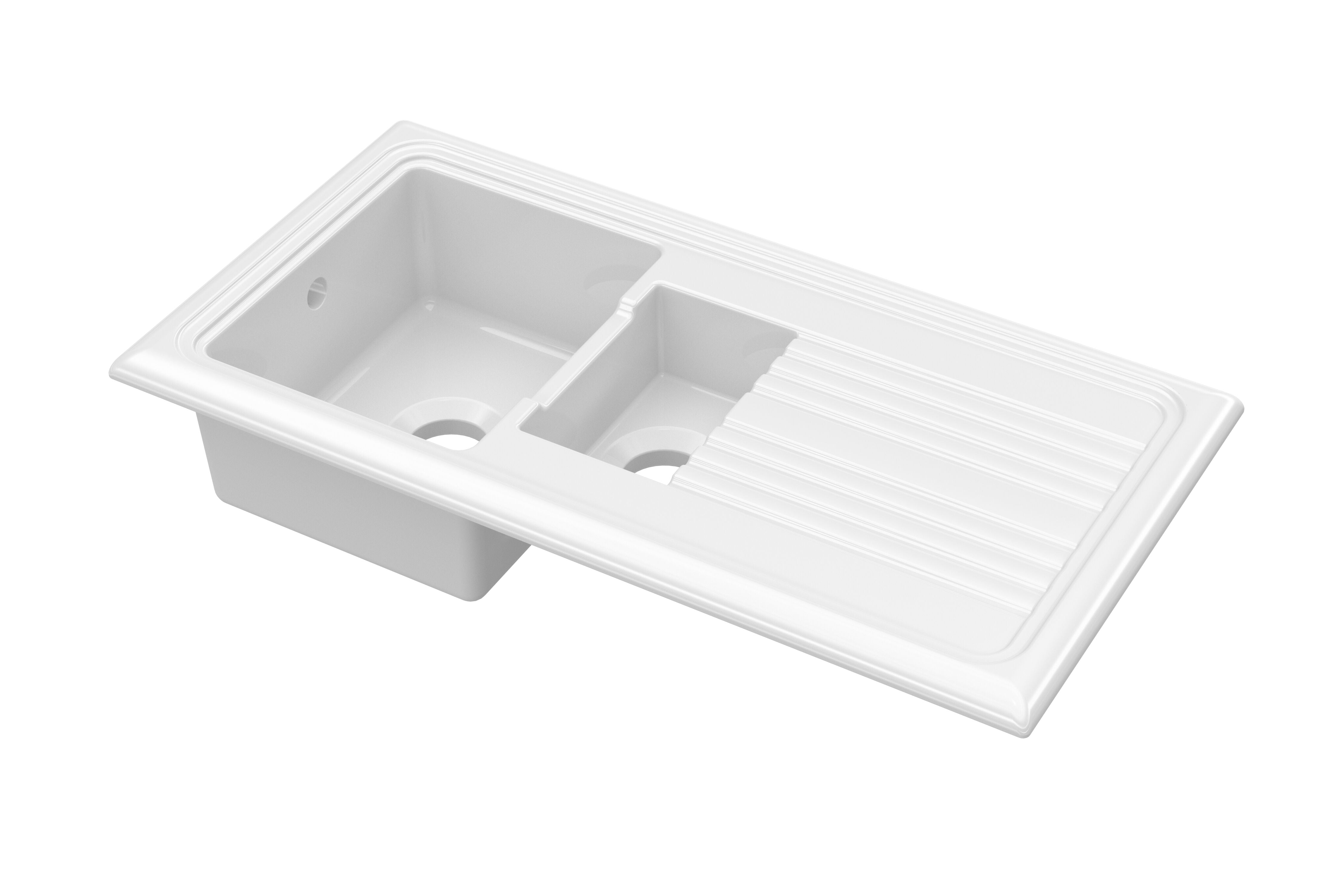 nuie 1010mm x 525mm Fireclay White 1.5 Bowl Rectangular Countertop Drainer Sink