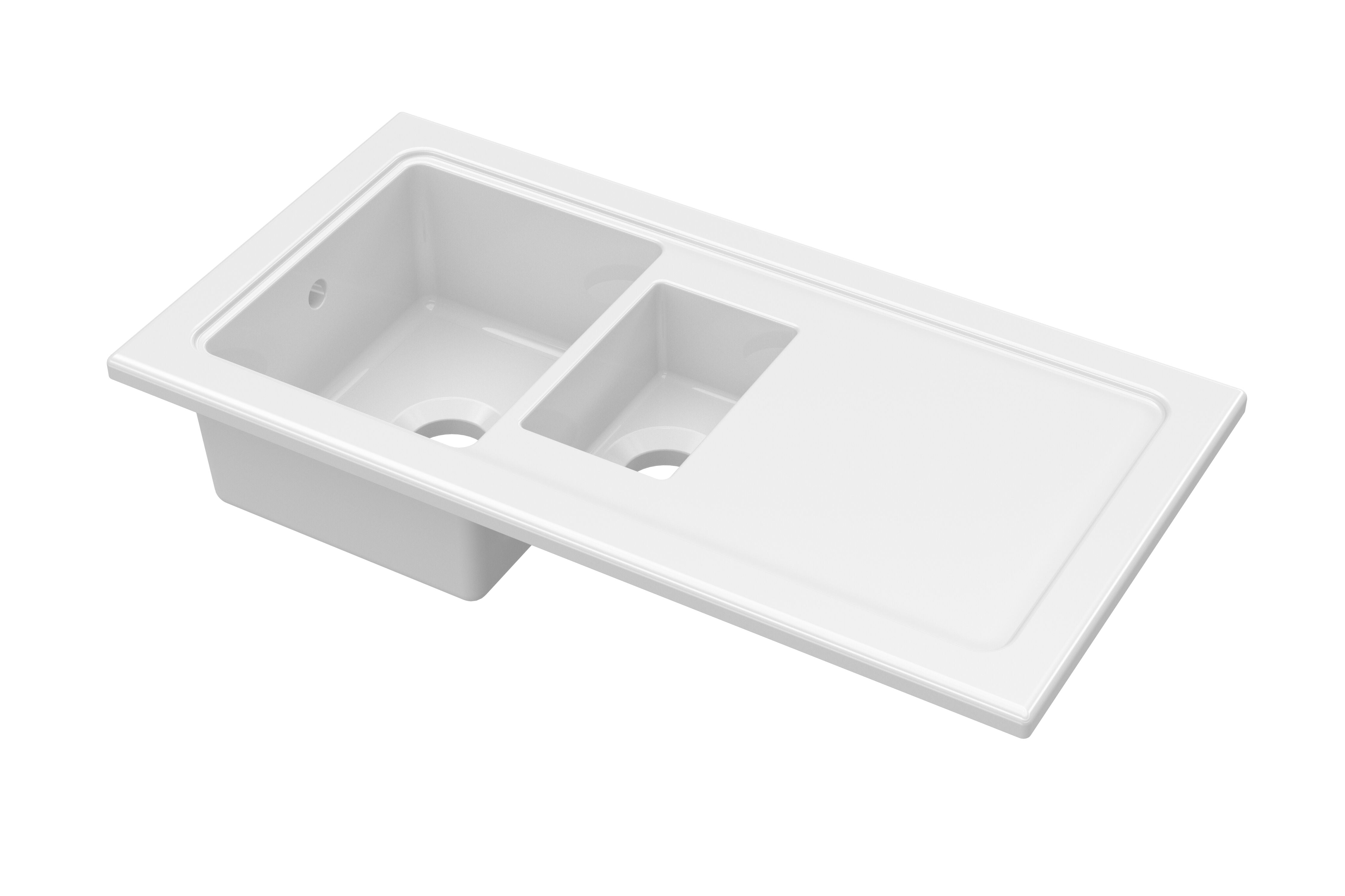 nuie 1010mm x 525mm Fireclay White 1.5 Bowl Rectangular Countertop Drainer Sink