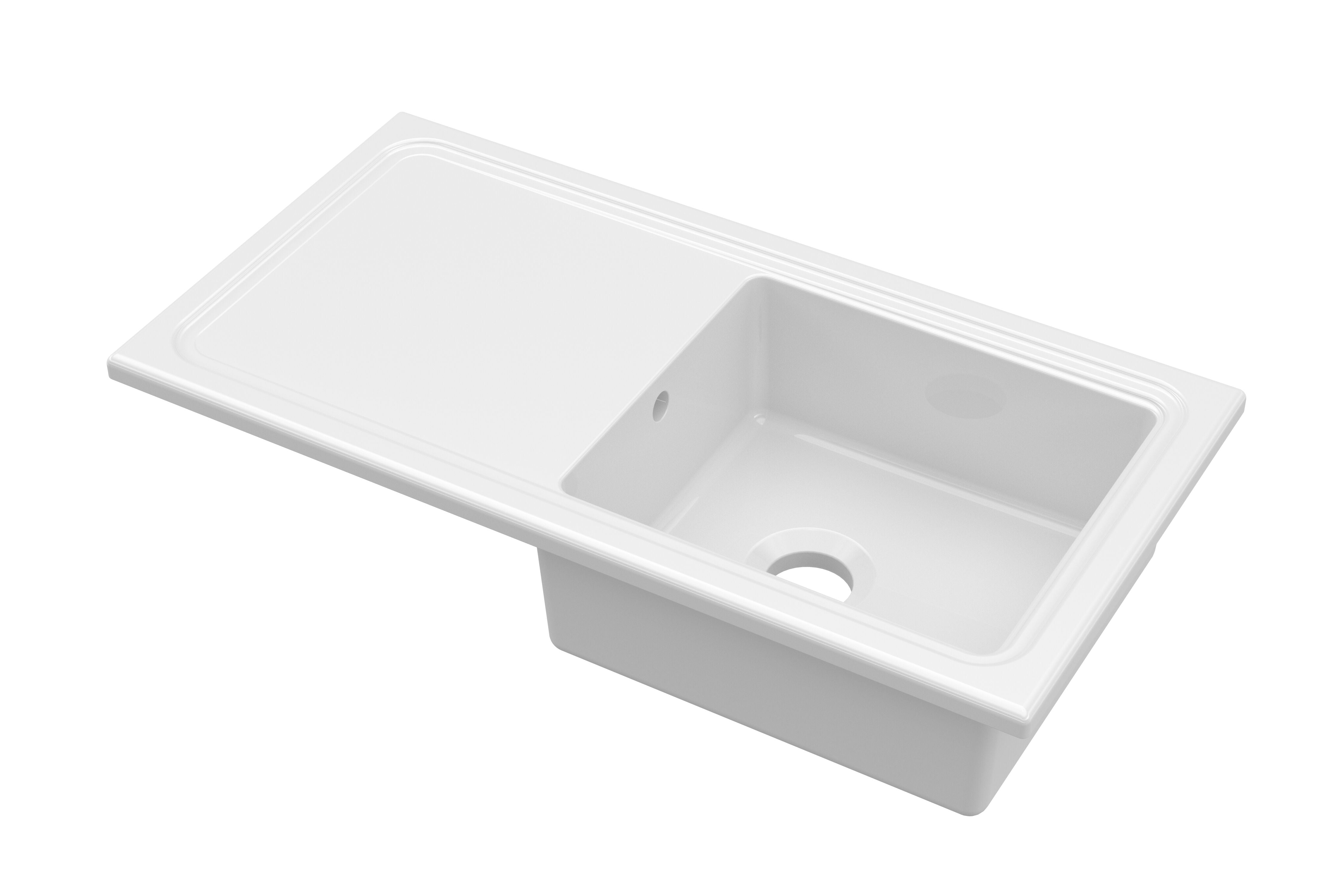 nuie 1010mm x 525mm Fireclay White Single Bowl Rectangular Countertop Drainer Sink