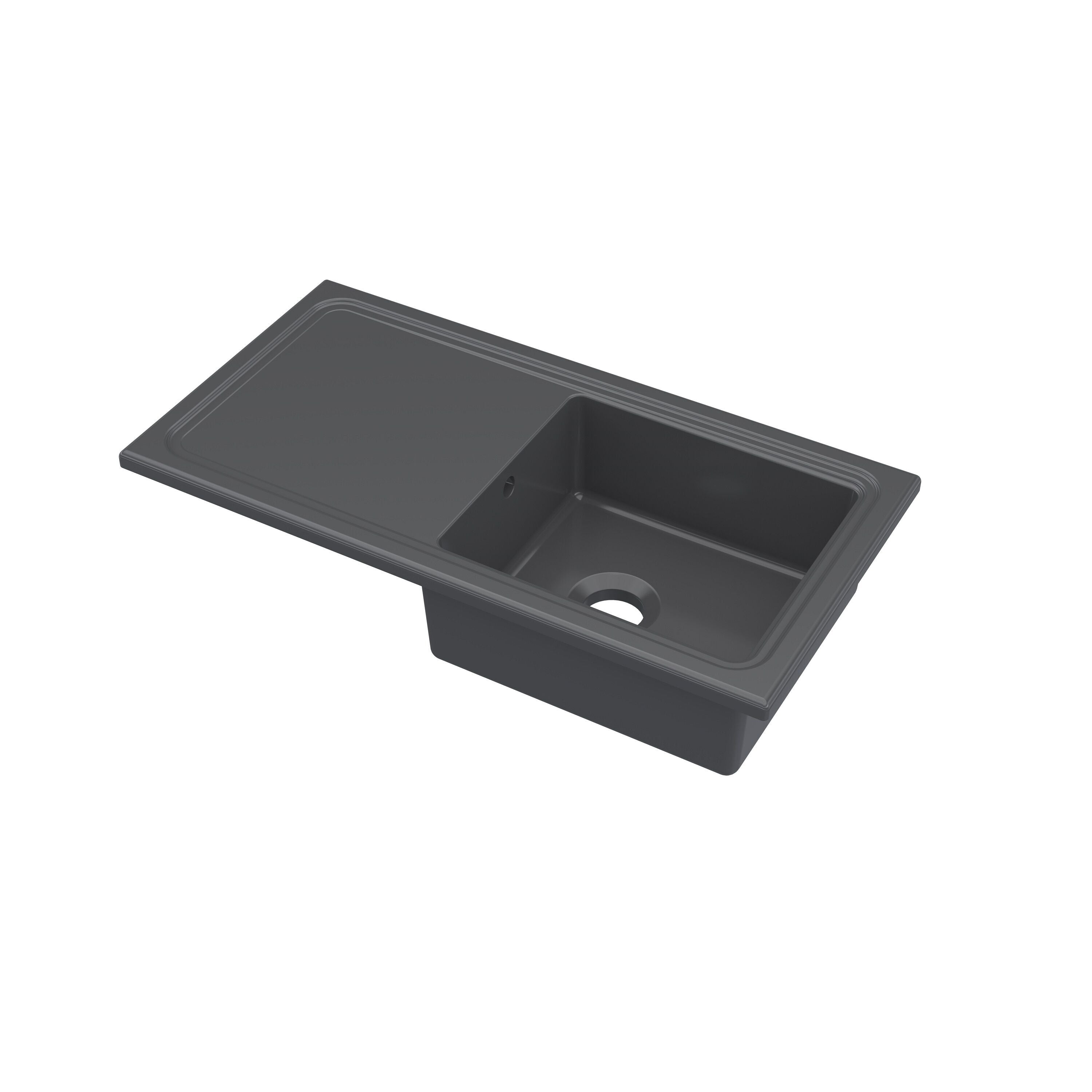 nuie 1010mm x 525mm Fireclay Soft Black Single Bowl Rectangular Countertop Drainer Sink