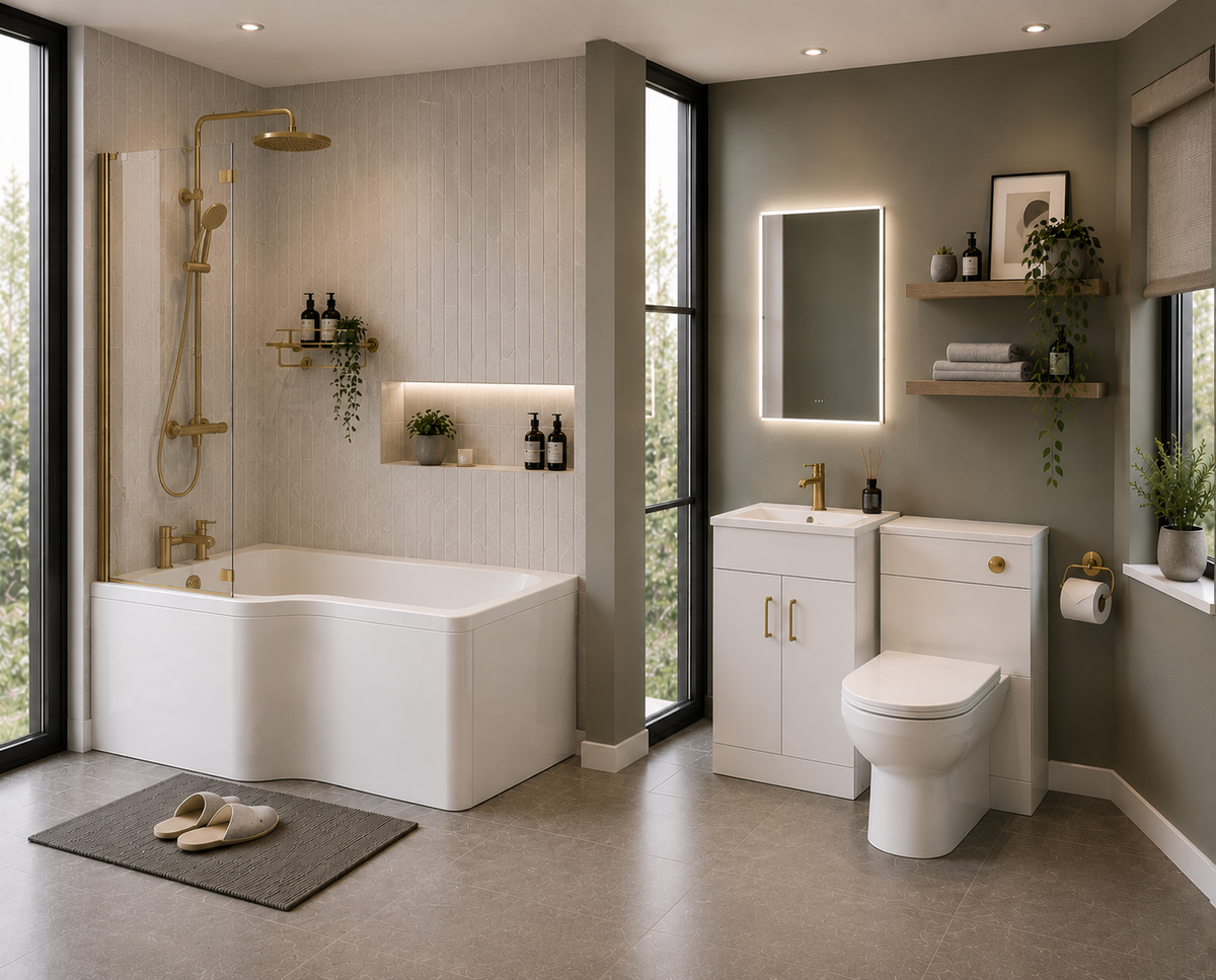 Modern Brushed Brass L-Shaped Shower Bath Package