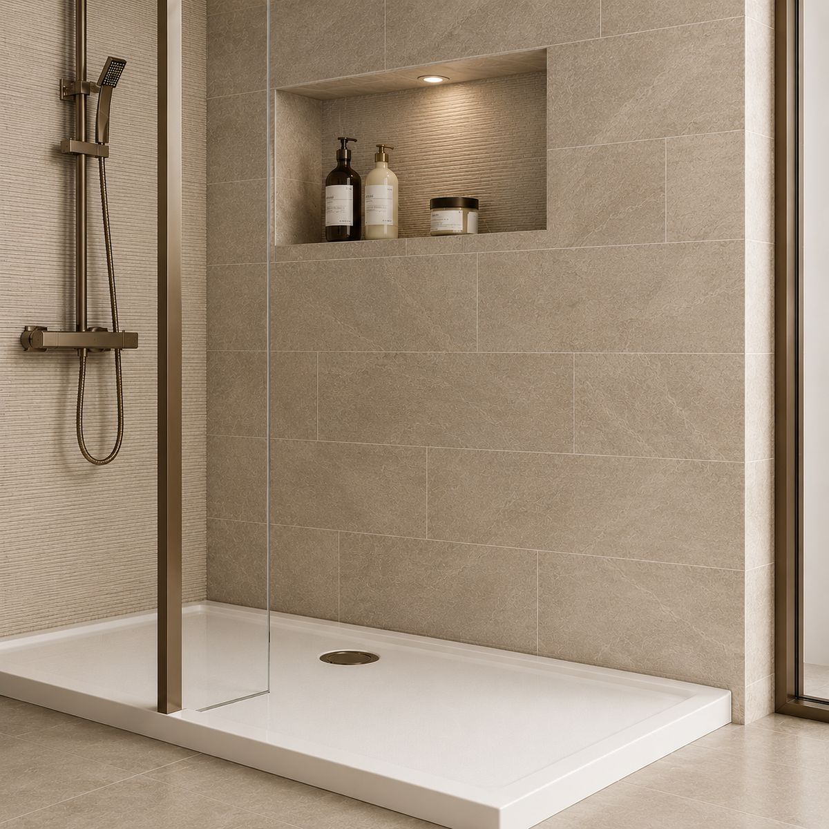 Brushed Brass 1400mm x 700mm Walk-In Shower with Screen & Shower Tray