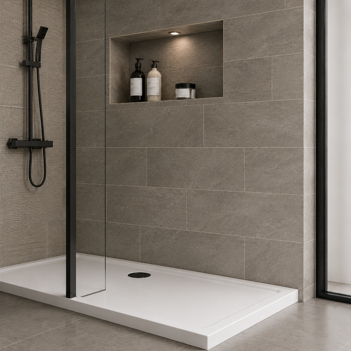 Matt Black 1600mm Walk-In Shower Enclosure with Stone Shower Tray