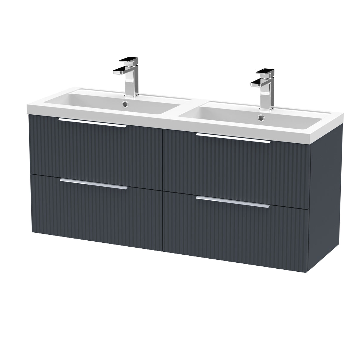 Hudson Reed Fluted 1200mm 4 Drawer Wall Hung Vanity Unit With 2 Tap Hole Polymarble basin