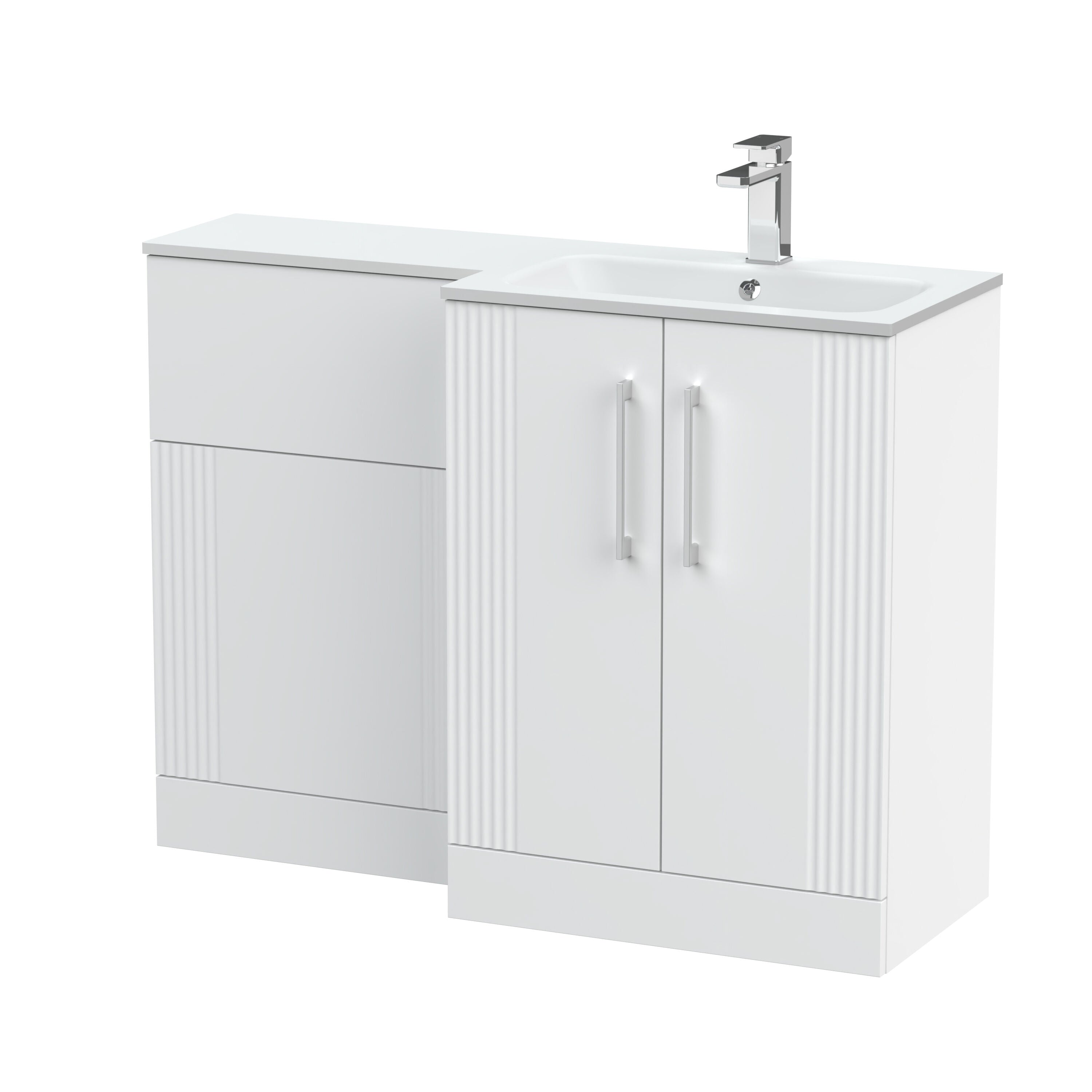 nuie Deco 1100mm Right-Hand 2 Door Satin White Floor Standing Combination Unit With Stone Basin