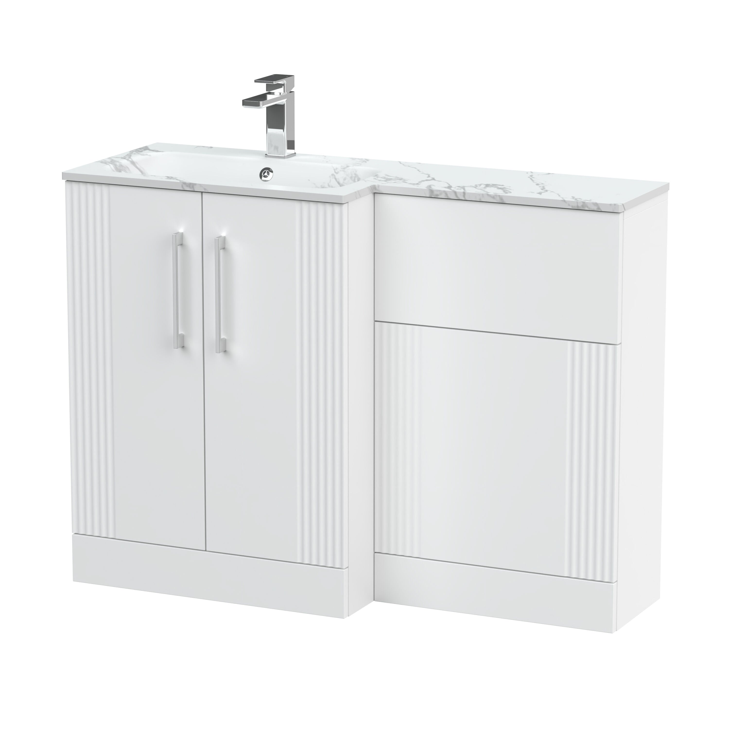 nuie Deco 1100mm Left-Hand 2 Door Satin White Floor Standing Combination Unit With Stone Basin