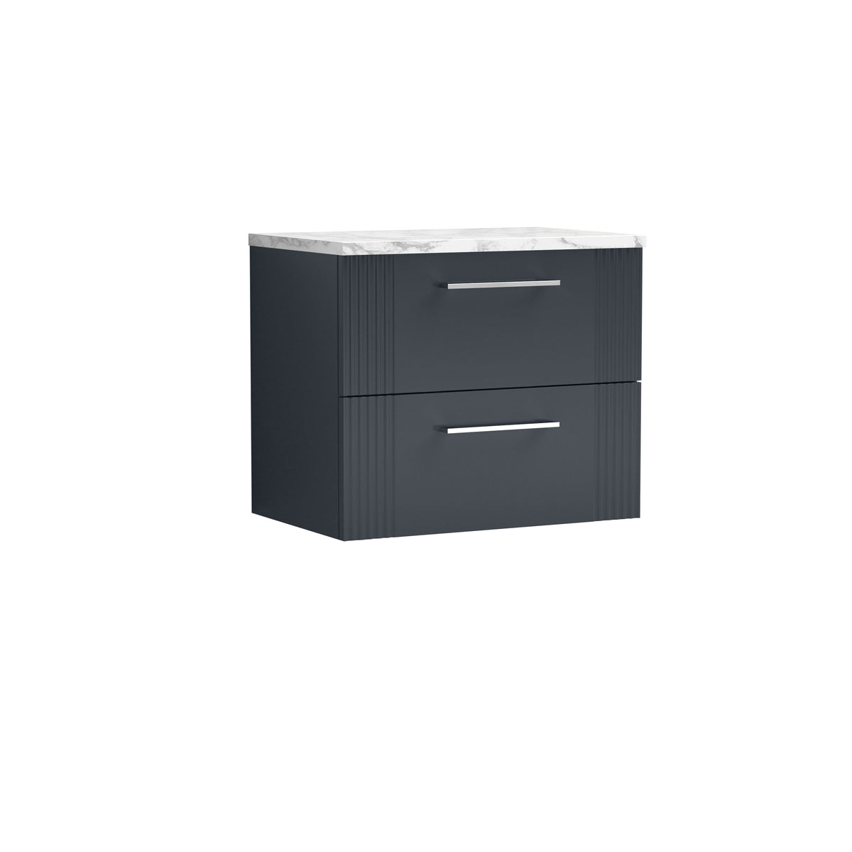 Nuie 600mm Part Fluted 2 Drawer Wall Hung Vanity Unit With Carrara Laminate Worktop