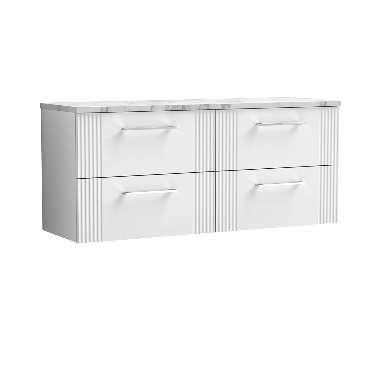 Nuie 1200mm Part Fluted 4 Drawer Wall Hung Vanity With Carrara Laminate Worktop