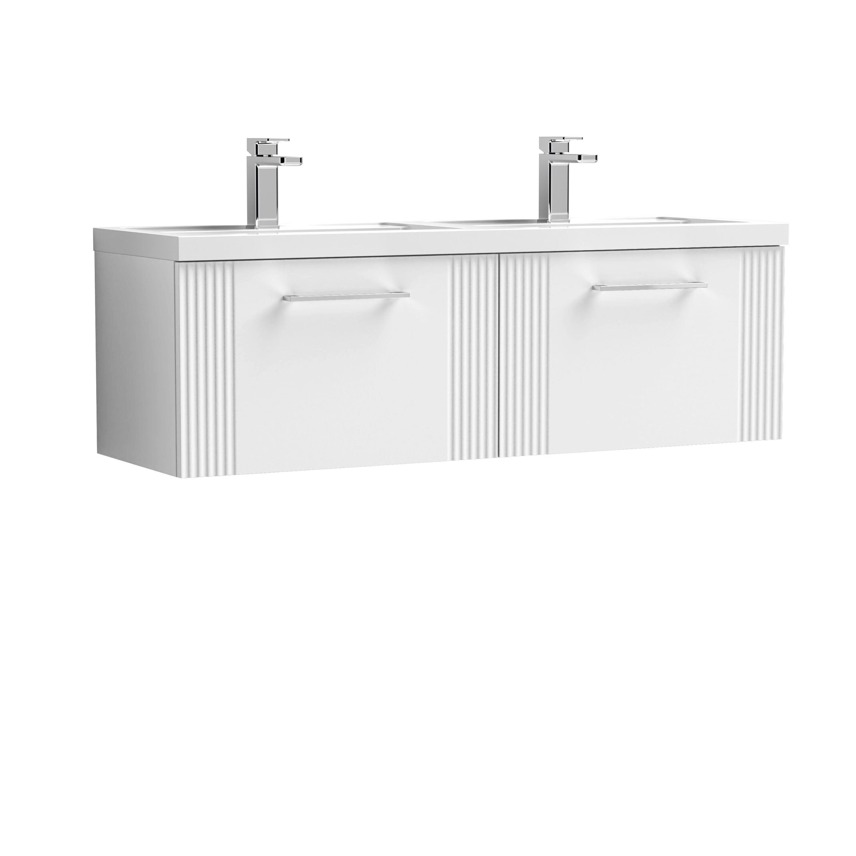 nuie Deco 1200mm Satin White 2 Drawer Wall Hung Vanity Unit With 2 Tap Hole Polymarble basin