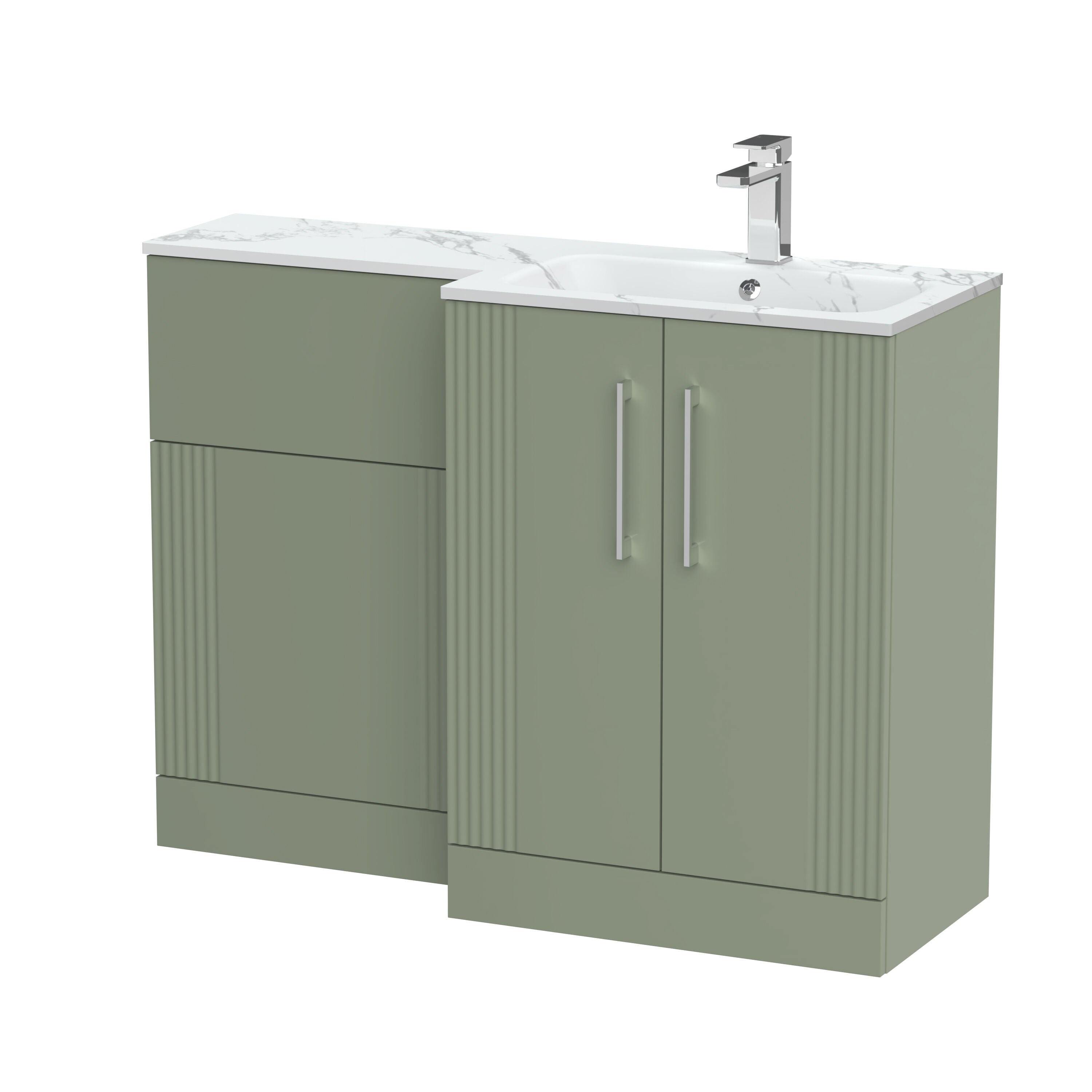 nuie Deco 1100mm Right-Hand 2 Door Satin Green Floor Standing Combination Unit With Stone Basin