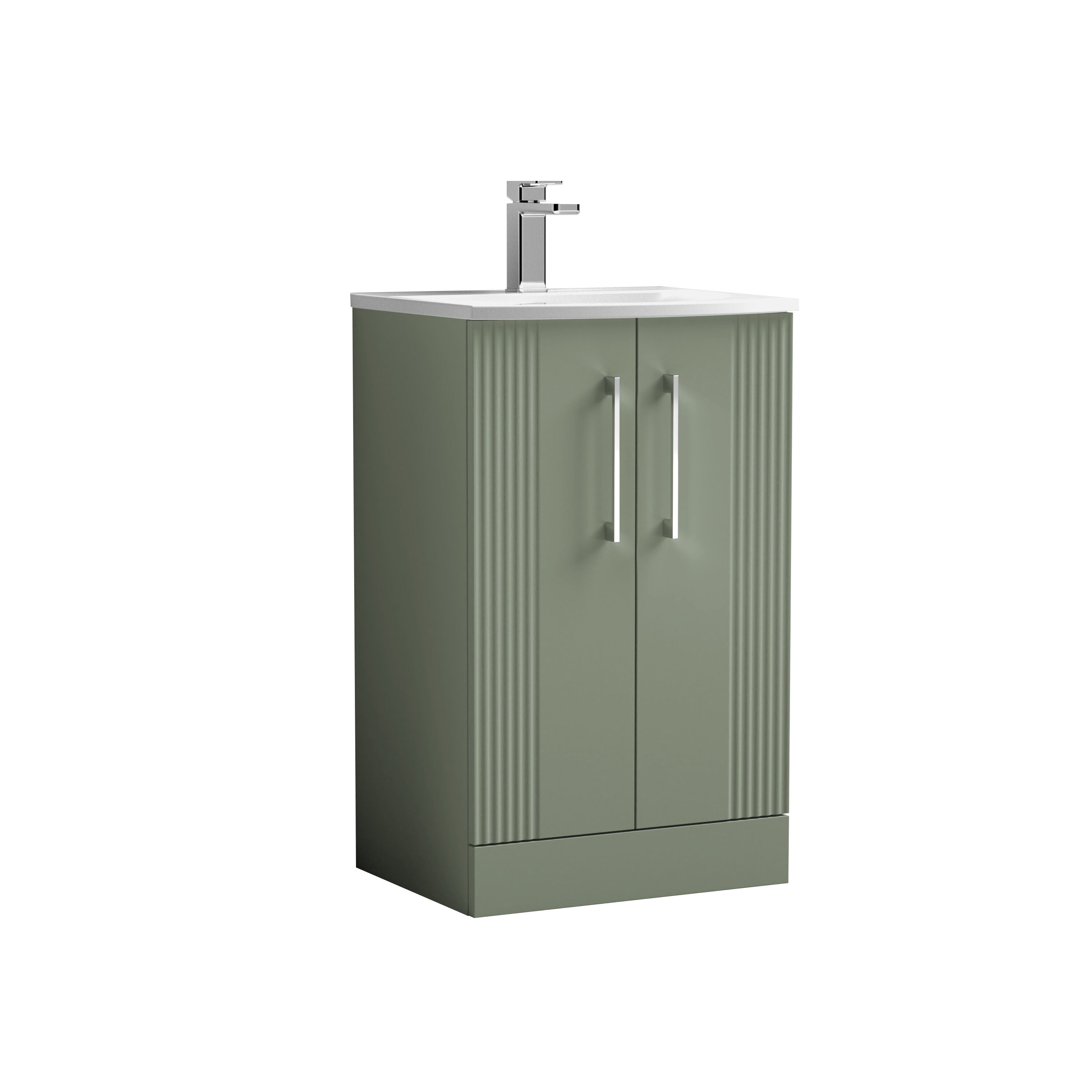nuie Deco 500mm Satin Green 2 Door Floor Standing Vanity Unit With Curved Basin