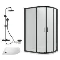 Rene 1200 x 800mm Left Hand Offset Quadrant Shower Enclosure, Tray & Round Thermostatic Shower Package - Matt Black