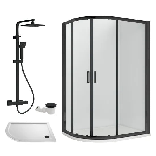 Rene 1200 x 800mm Left Hand Offset Quadrant Shower Enclosure, Tray & Round Thermostatic Shower Package - Matt Black