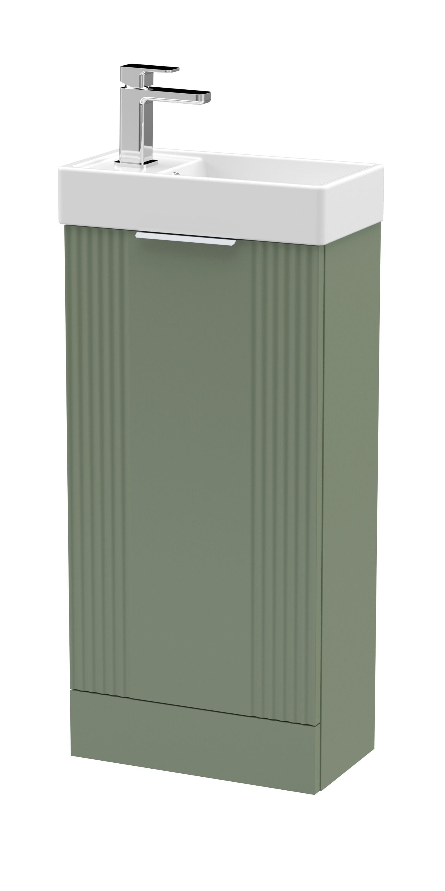 nuie Deco Compact 400mm Satin Green 1 Door Floor Standing Vanity Unit With Ceramic Basin
