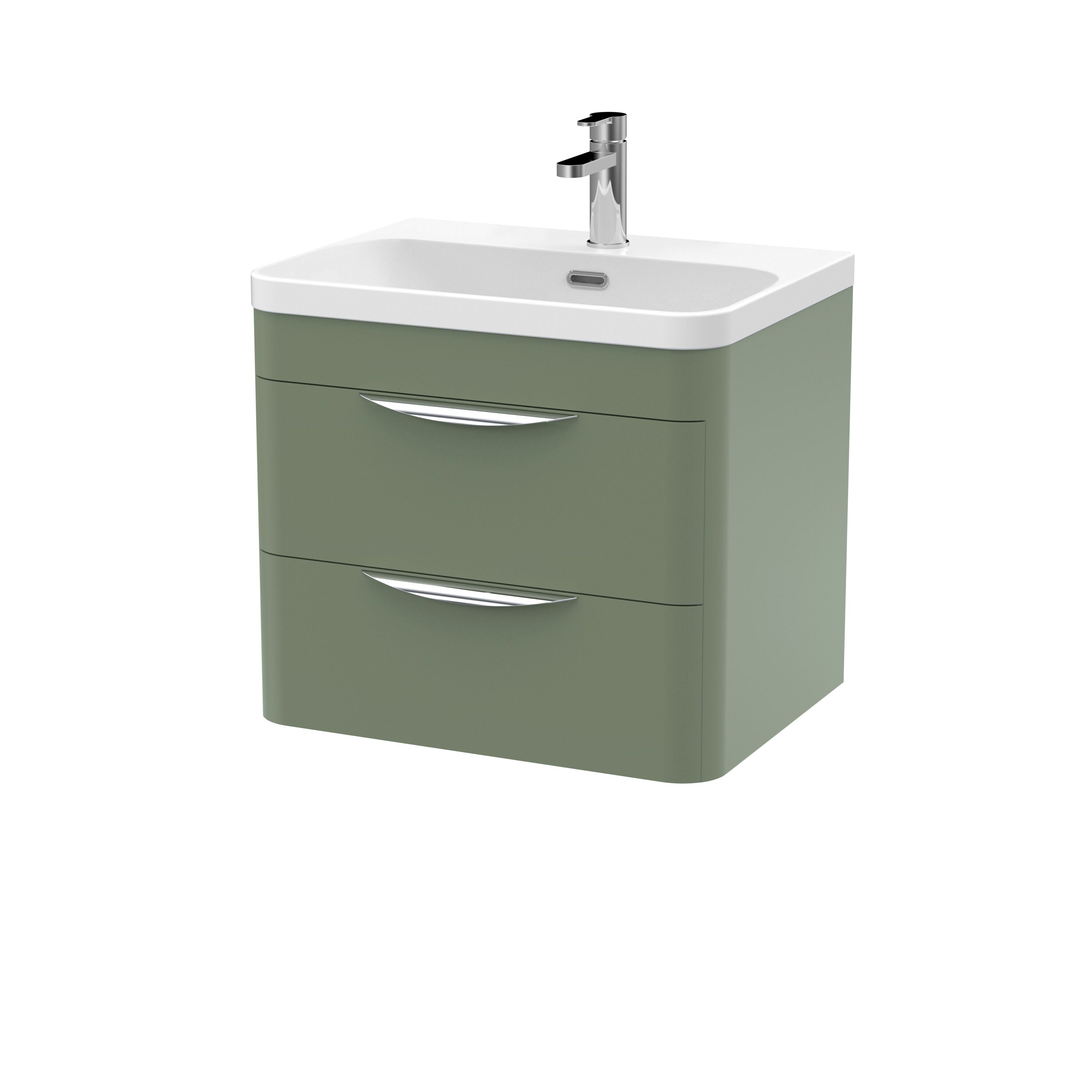 nuie Parade 600mm Satin Green 2 Drawer Wall Hung Vanity Unit With Thin Edge Basin
