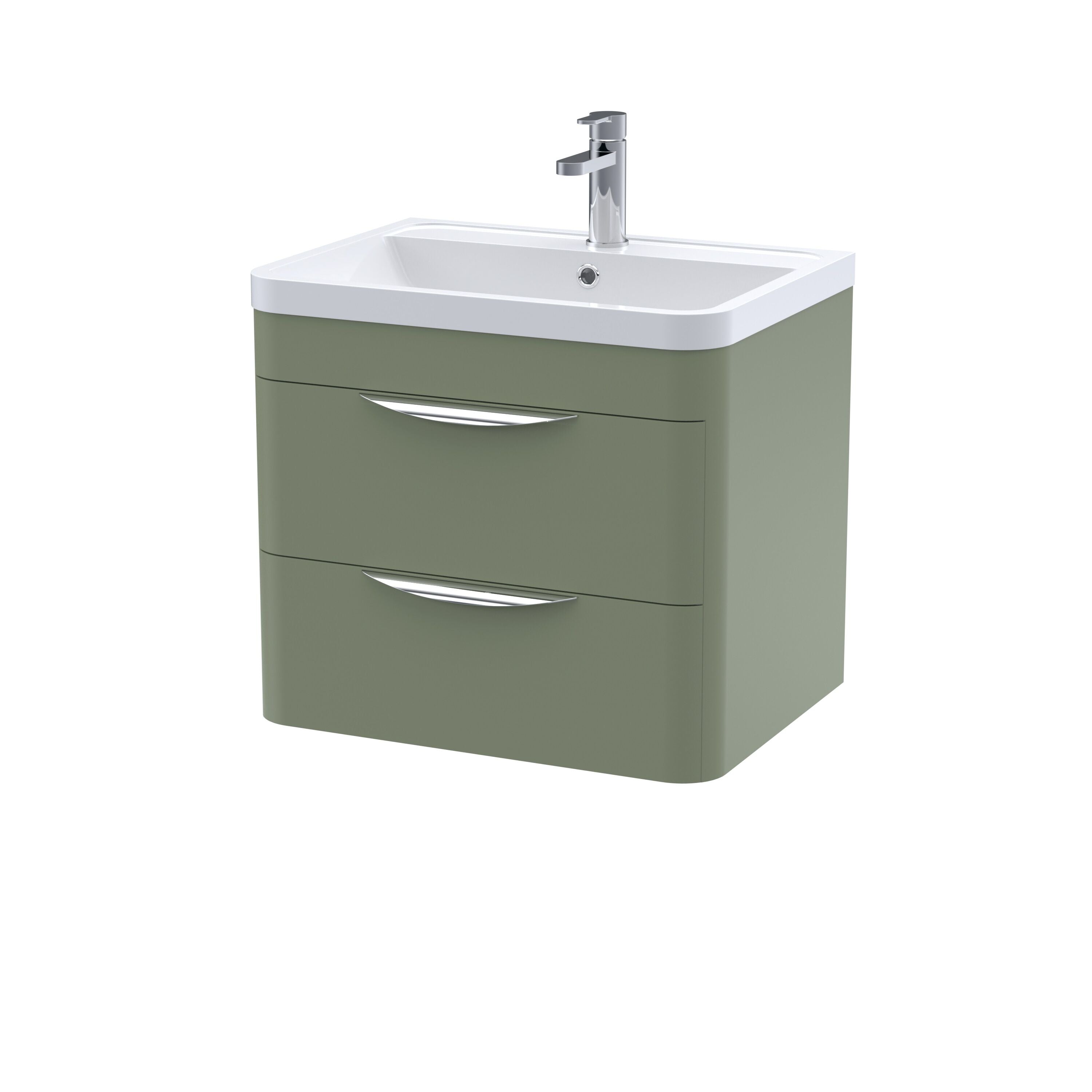 nuie Parade 600mm Satin Green 2 Door Wall Hung Vanity Unit With Polymarble Basin