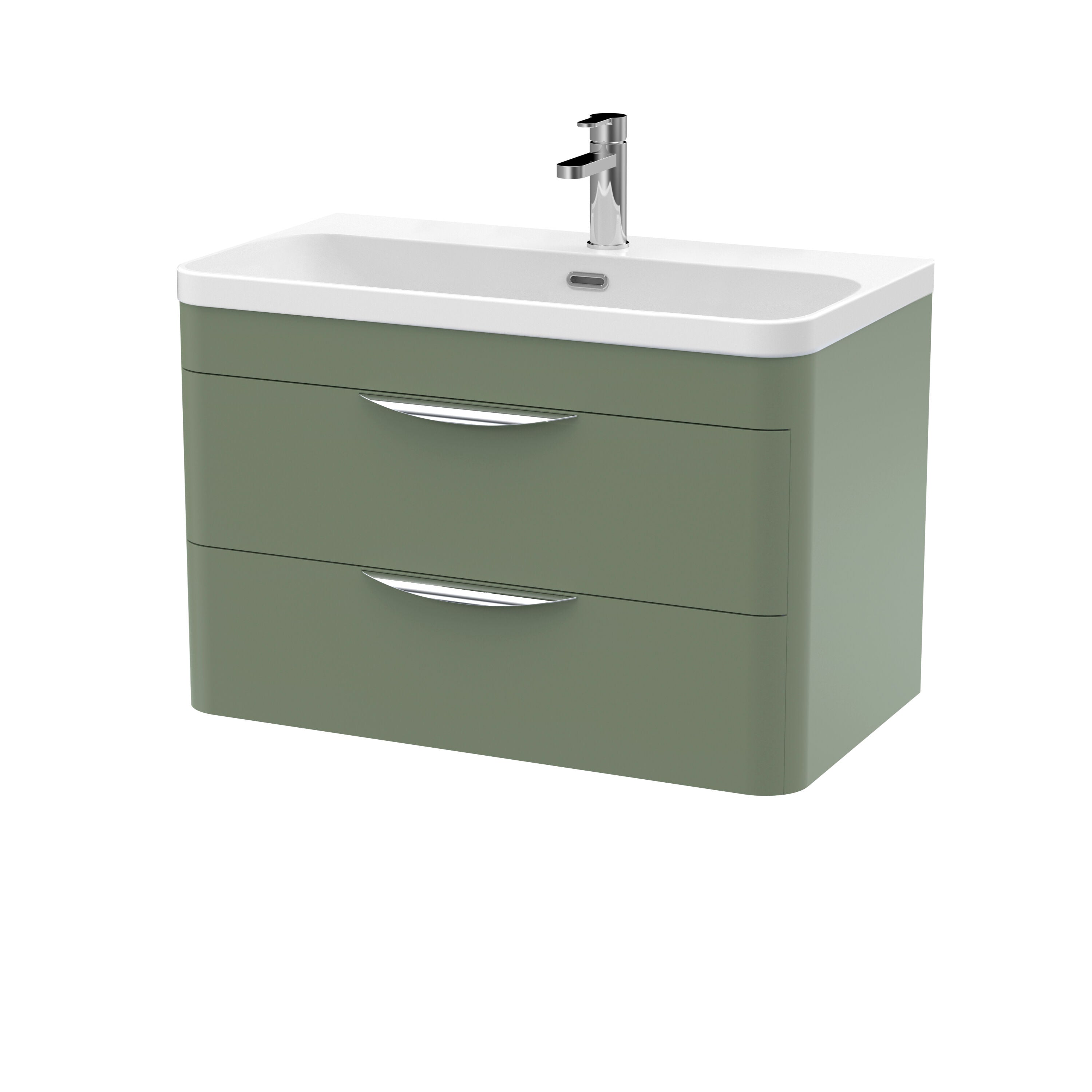 nuie Parade 800mm Satin Green 2 Drawer Wall Hung Vanity Unit With Thin Edge Basin