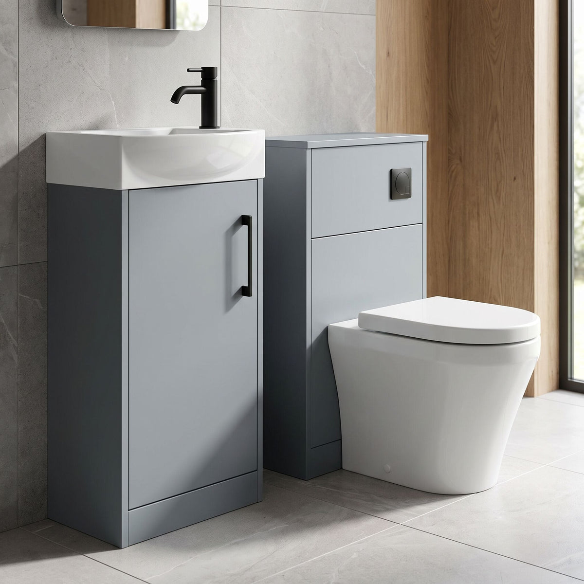 Modern 440mm Floor Standing Cloakroom Package - Coastal Grey