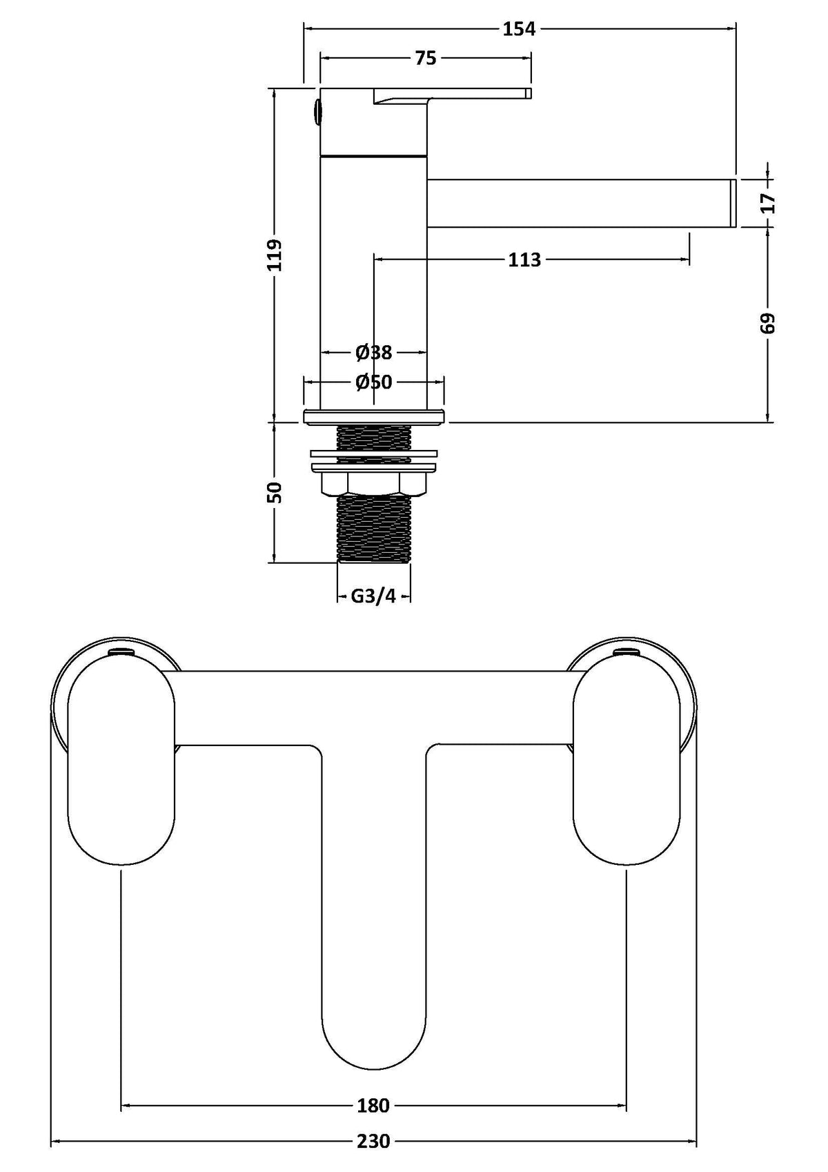 nuie choice Halstatt Matt Black Bath Filler - Technical drawing