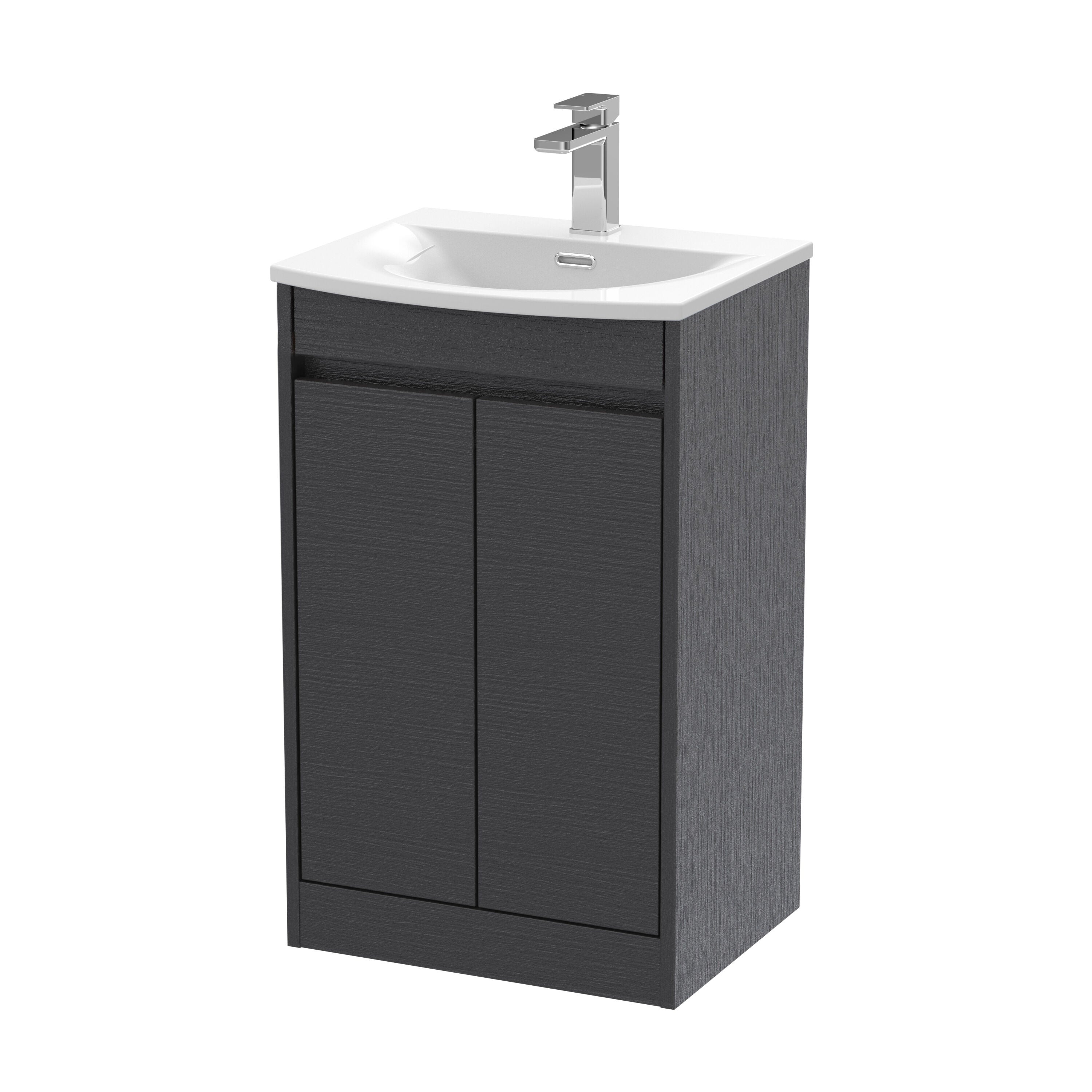 nuie Havana 500mm Graphite Grey Woodgrain 2 Door Floor Standing Vanity Unit With Curved Basin