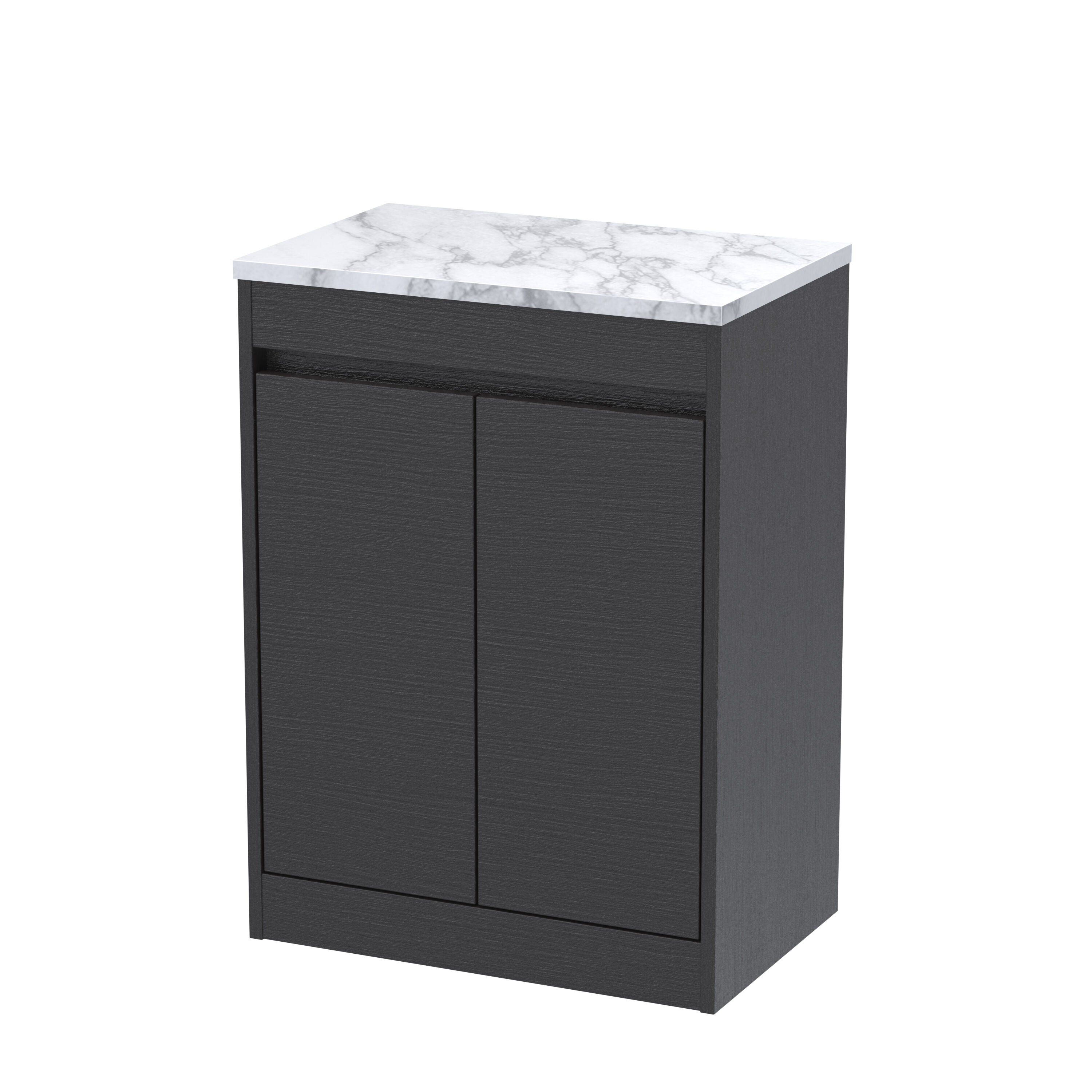 nuie Havana 600mm Graphite Grey Woodgrain 2 Door Floor Standing Vanity Unit With Carrera Marble Worktop