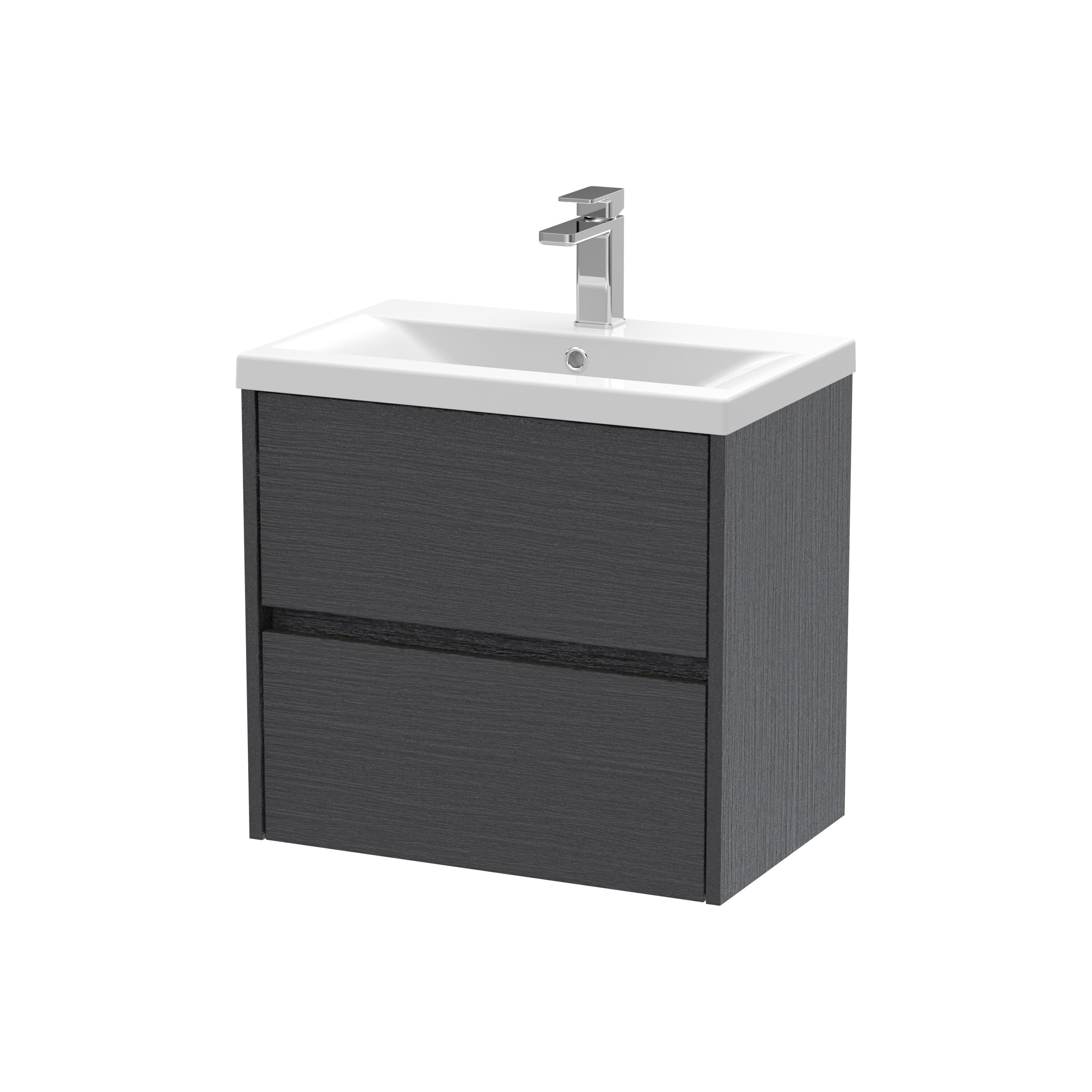 nuie Havana 600mm Graphite Grey Woodgrain 2 Drawer Wall Hung Vanity Unit With Mid-Edge Basin