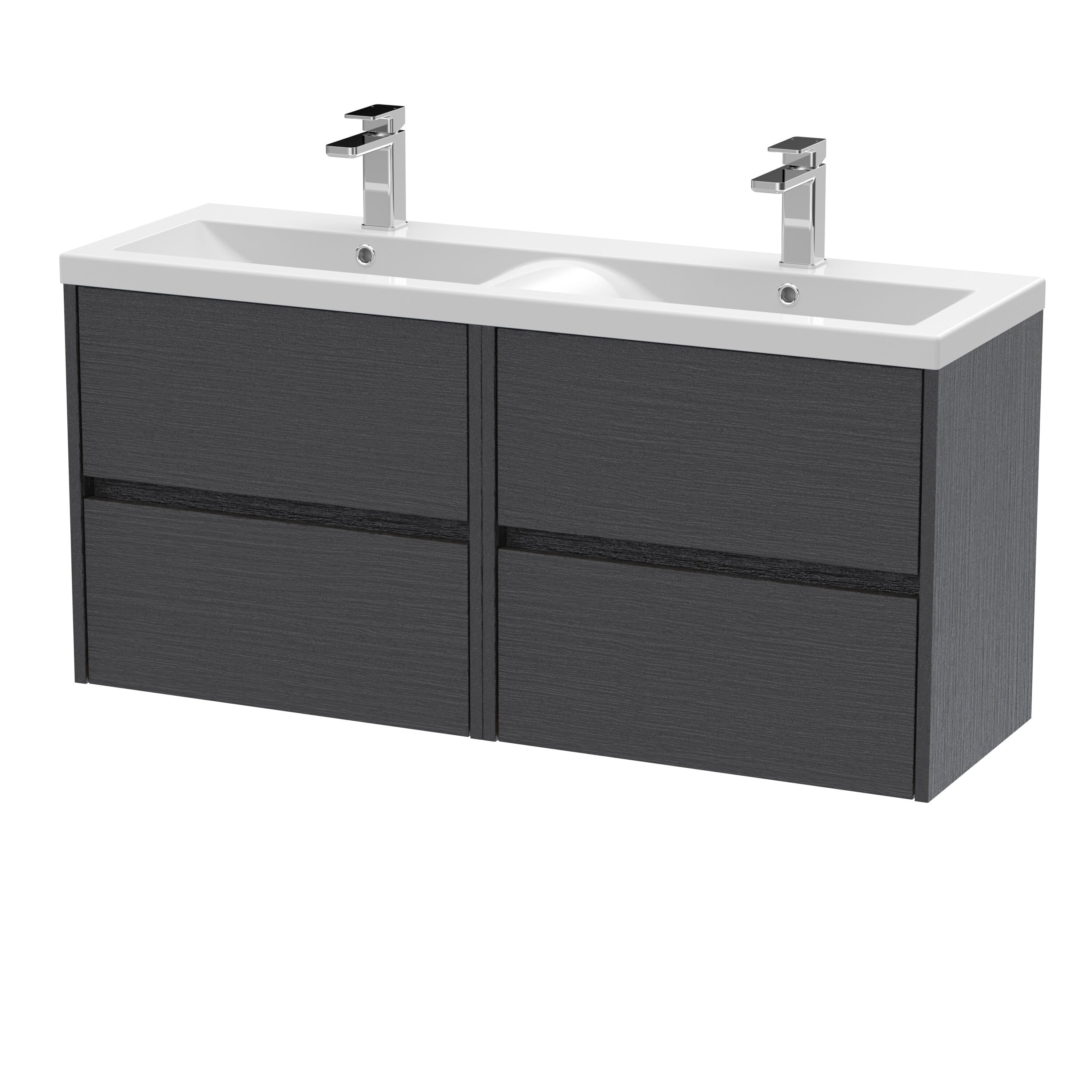 nuie Havana 1200mm Graphite Grey Woodgrain 4 Drawer Wall Hung Vanity Unit With 2 Tap Hole Ceramic Basin