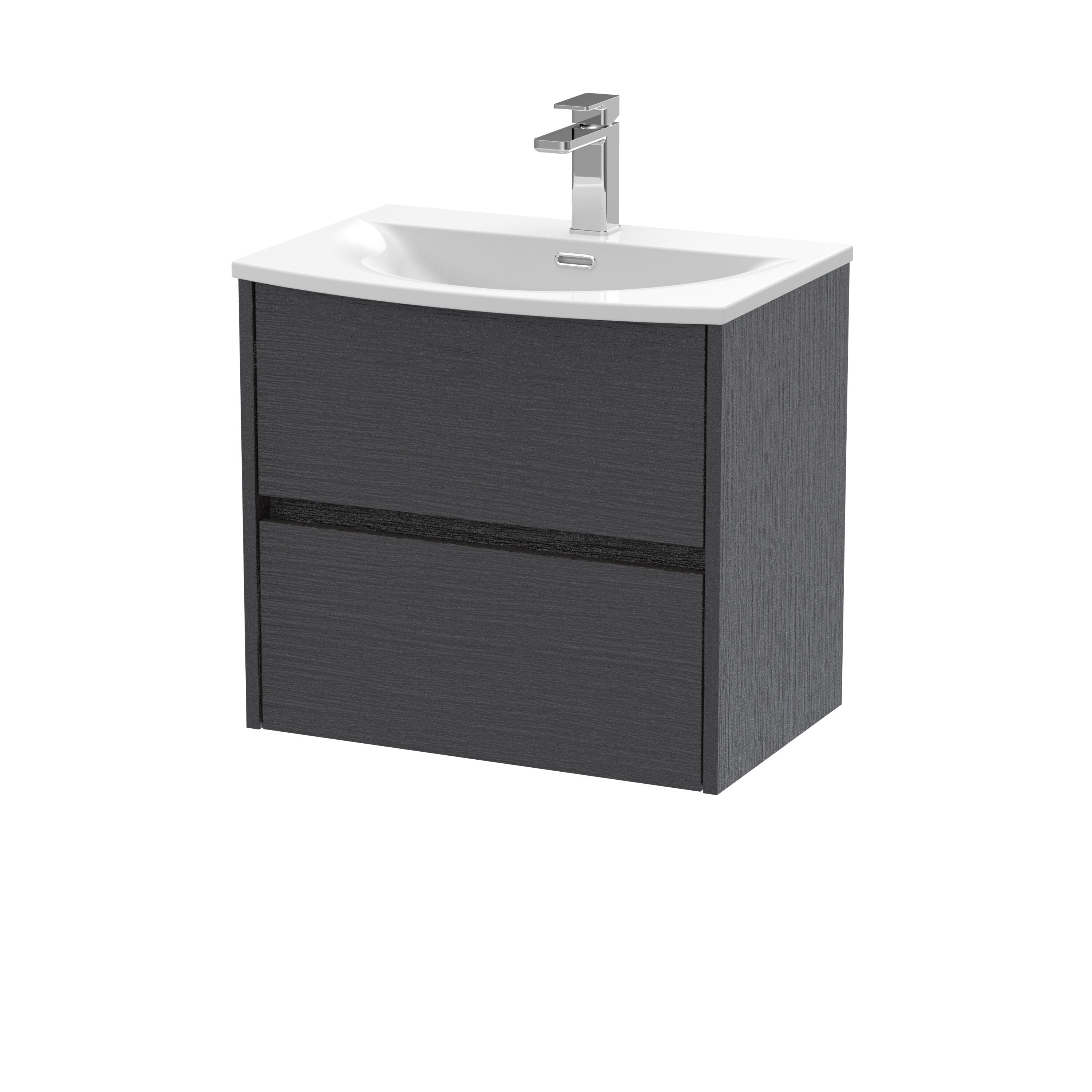 nuie Havana 600mm Graphite Grey Woodgrain 2 Drawer Wall Hung Vanity Unit With U-Shaped Curved Basin