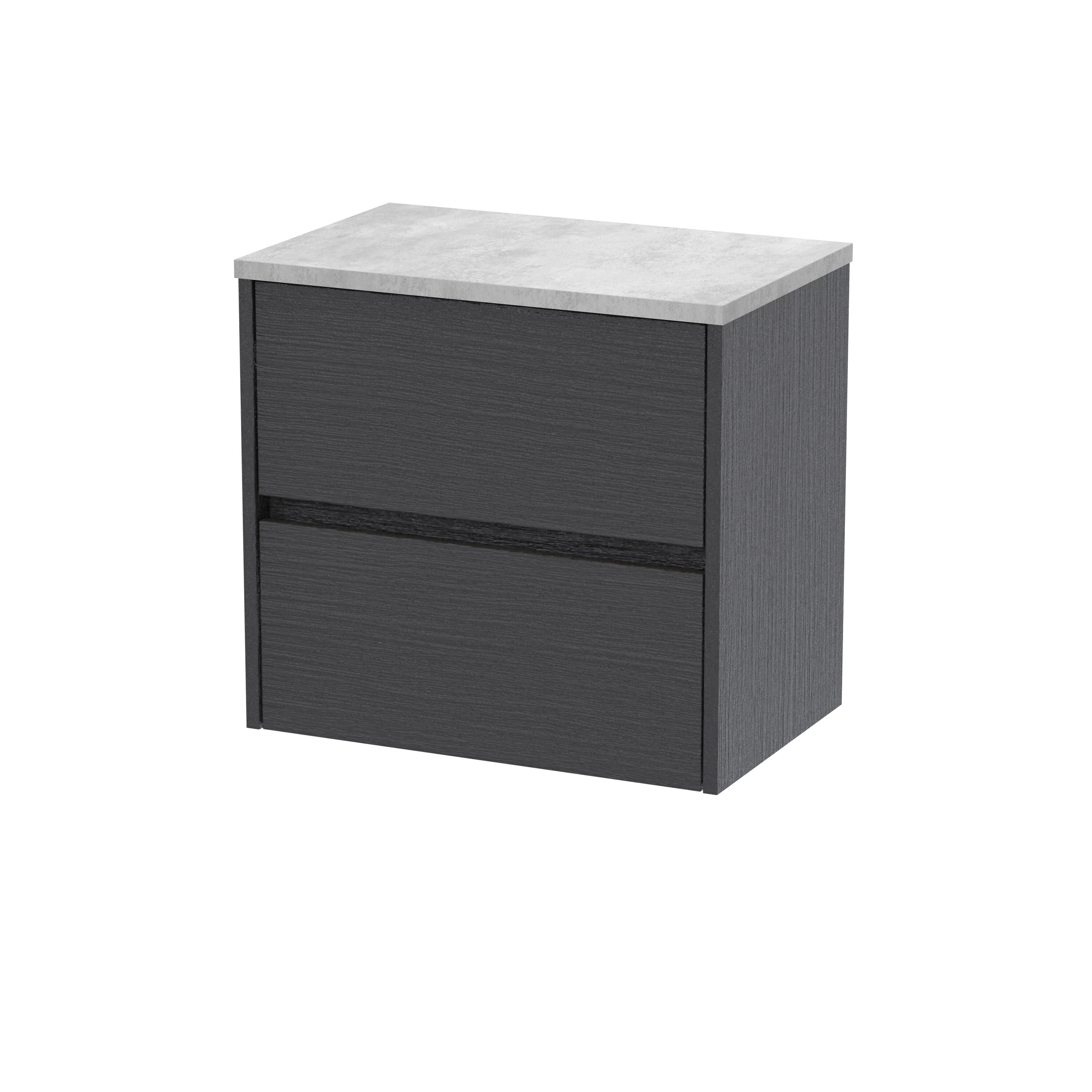 nuie Havana 600mm Graphite Grey Woodgrain 2 Drawer Wall Hung Vanity Unit With Bellato Grey Worktop