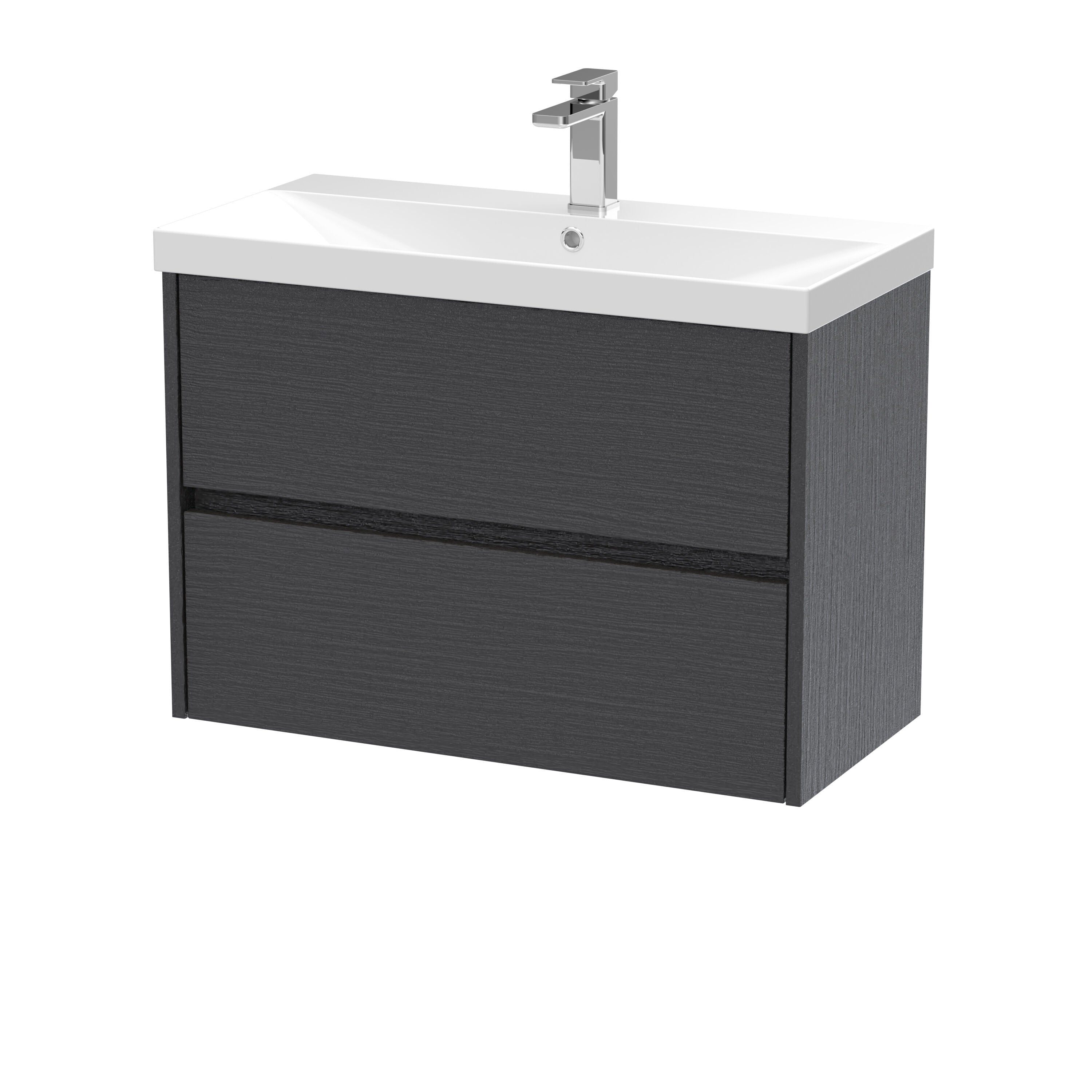 nuie Havana 800mm Graphite Grey Woodgrain 2 Drawer Wall Hung Vanity Unit With Thin Edge Basin