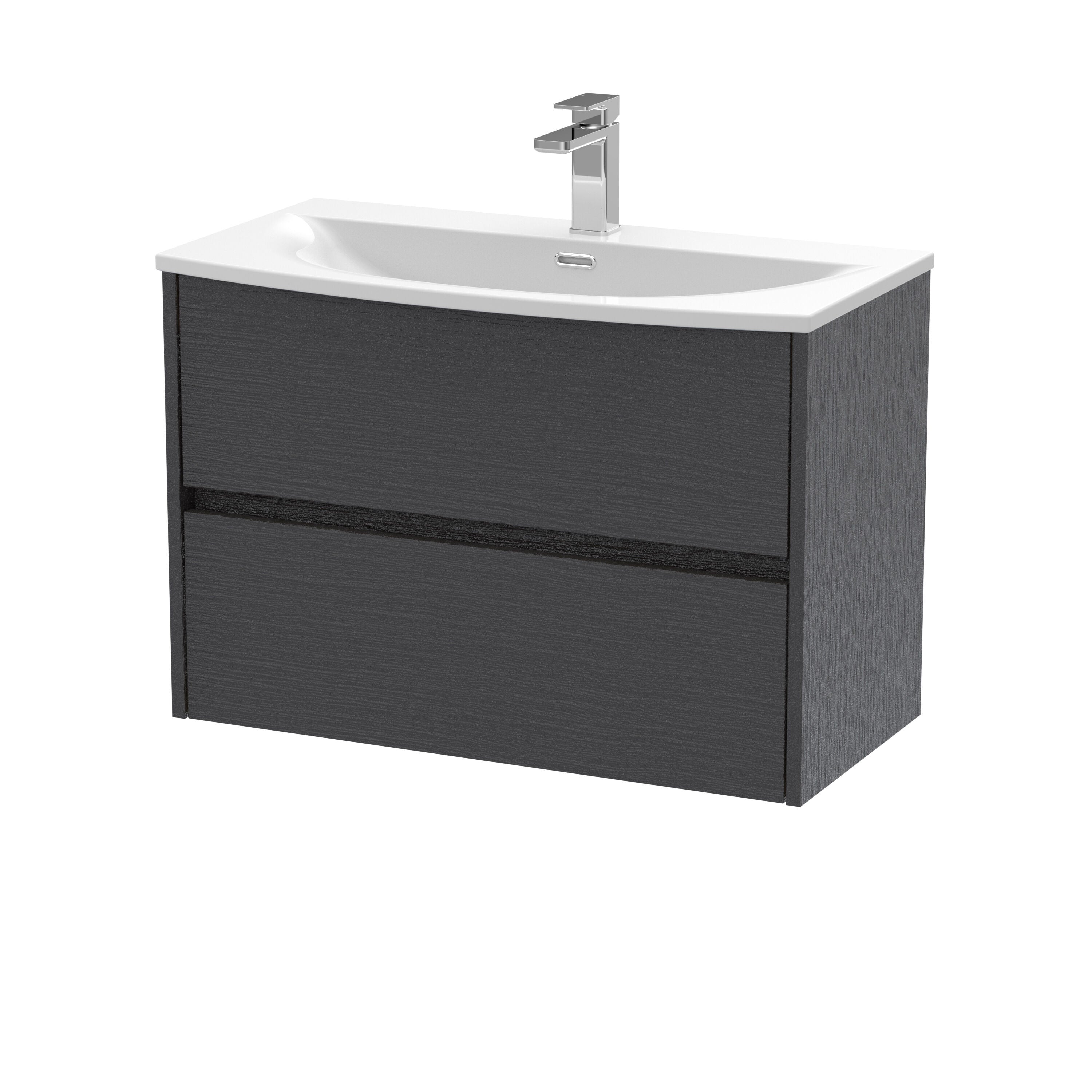 nuie Havana 800mm Graphite Grey Woodgrain 2 Drawer Wall Hung Vanity Unit With U-Shaped Curved Basin