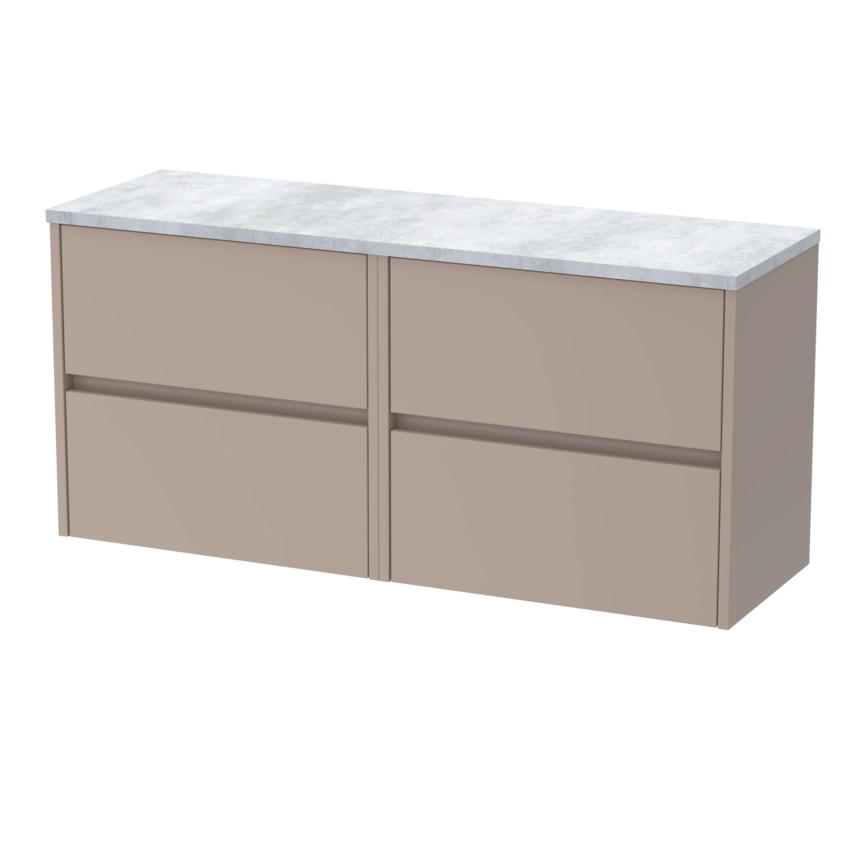 nuie Havana 1200mm Soft linen 4 Drawer Wall Hung Vanity Unit With Bellato Grey Worktop