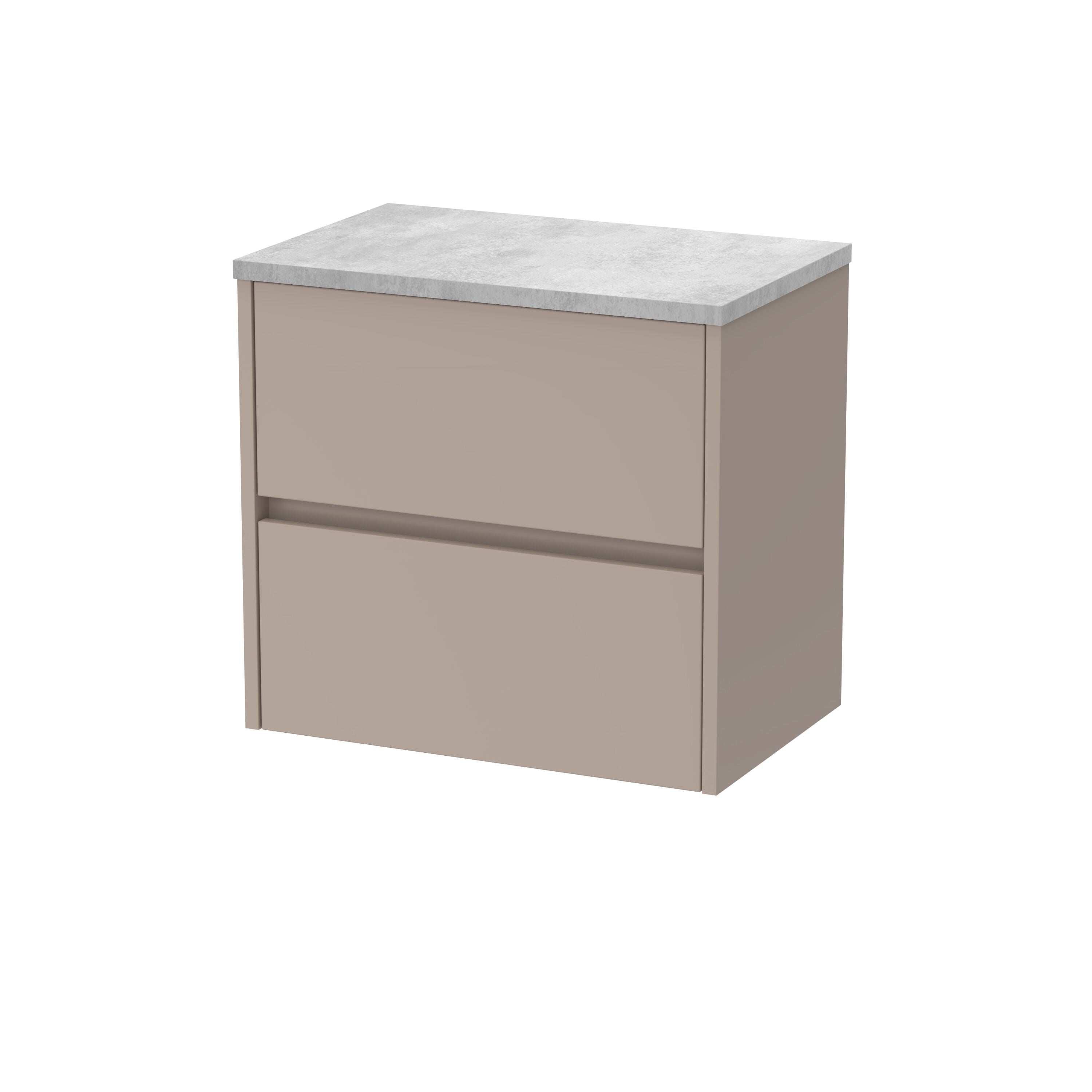 nuie Havana 600mm Soft linen 2 Drawer Wall Hung Vanity Unit With Bellato Grey Worktop