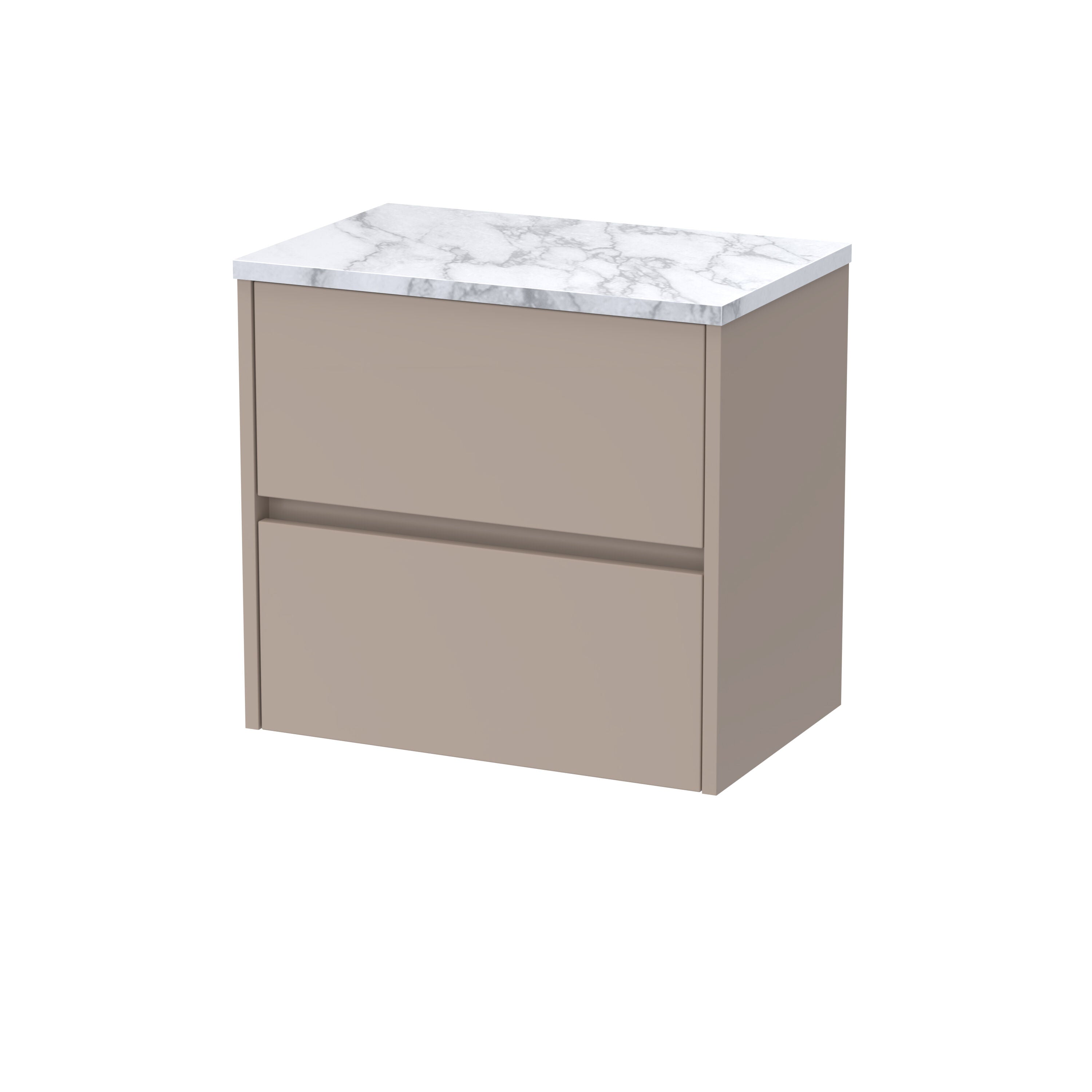 nuie Havana 600mm Soft linen 2 Drawer Wall Hung Vanity Unit With Carrara Laminate Worktop