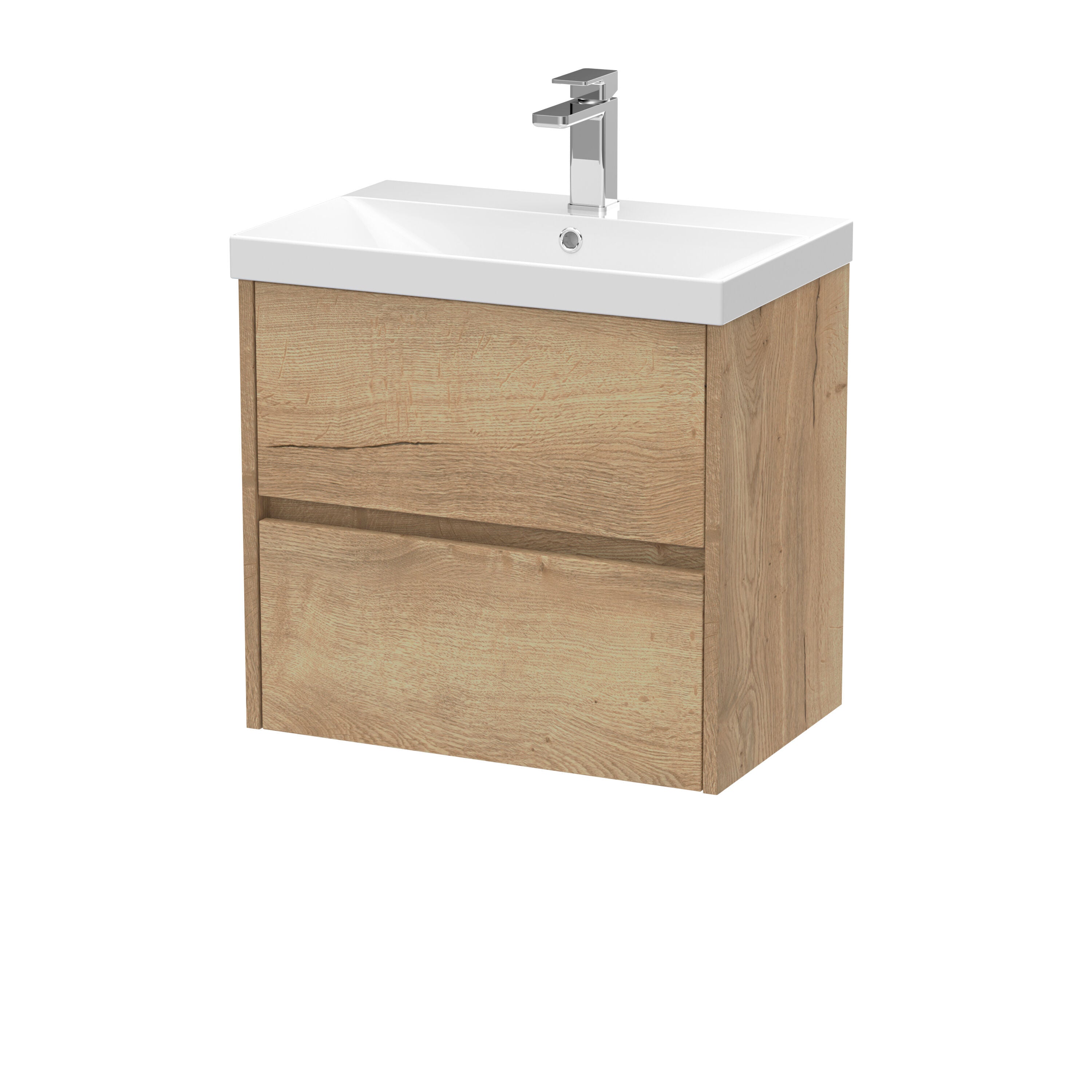 nuie Havana 600mm Autumn Oak 2 Drawer Wall Hung Vanity Unit With Thin Edge Basin