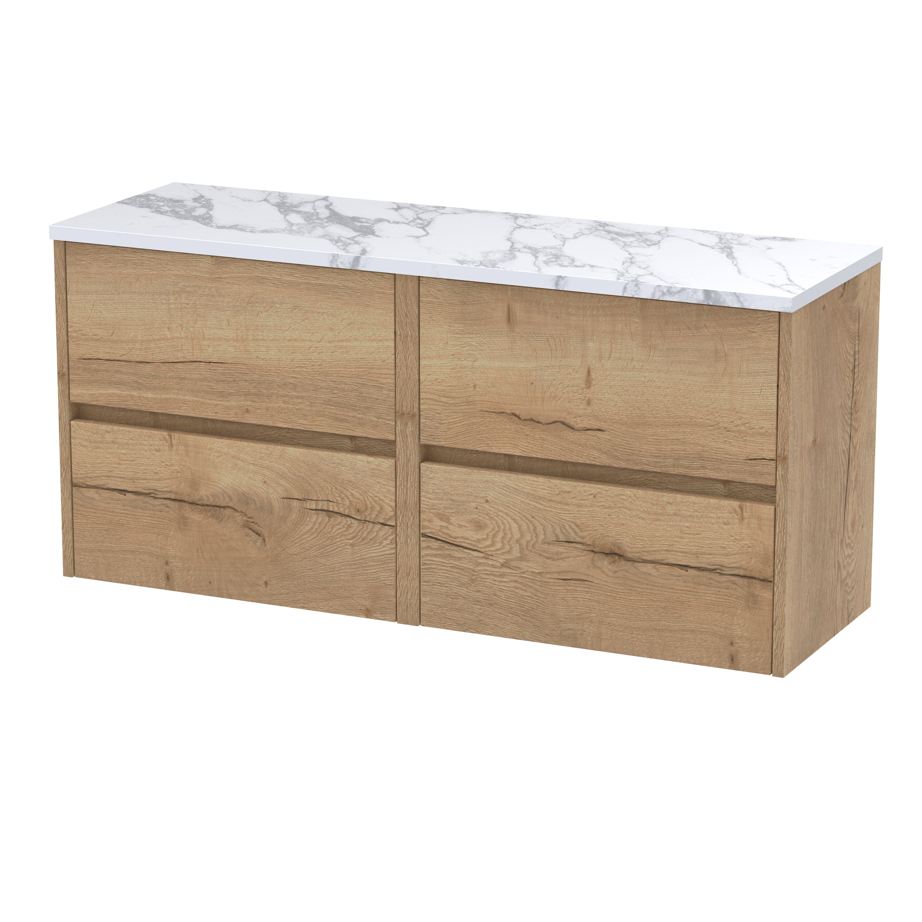 nuie Havana 1200mm Autumn Oak 4 Drawer Wall Hung Vanity With Carrara Laminate Worktop